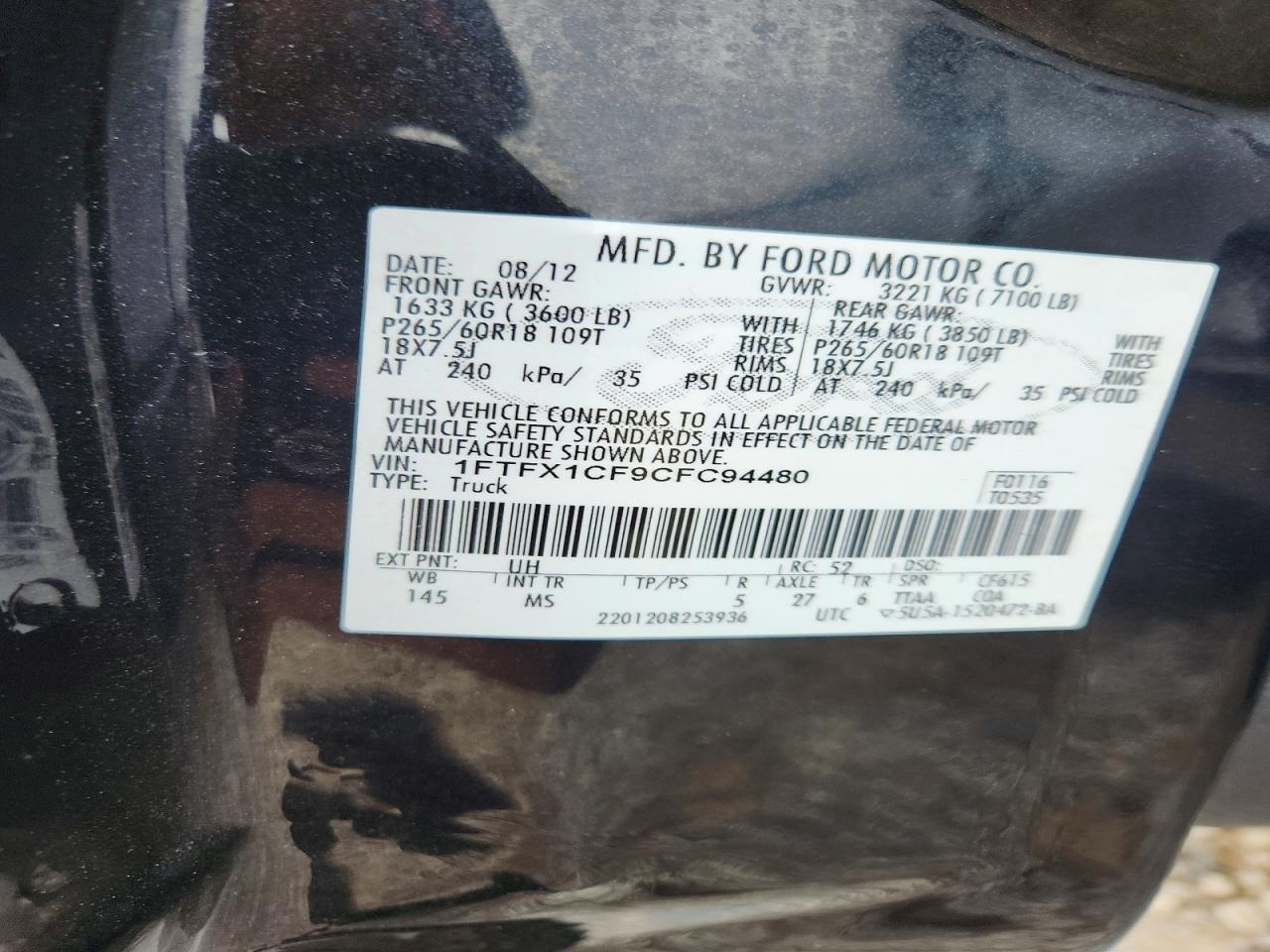 2012 Ford F150 Super Cab Black vin: 1FTFX1CF9CFC94480