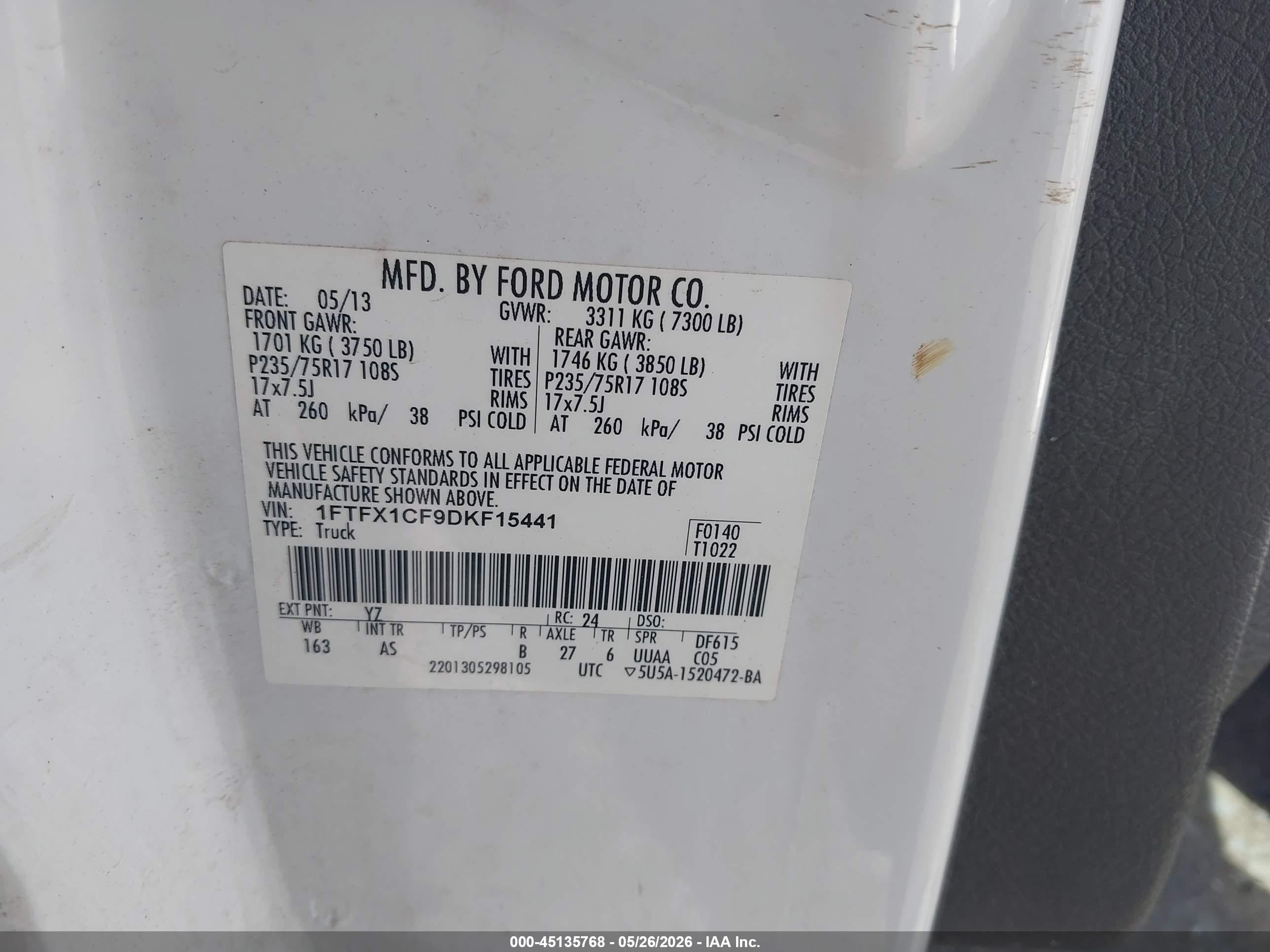 2013 Ford F-150 Xl White vin: 1FTFX1CF9DKF15441