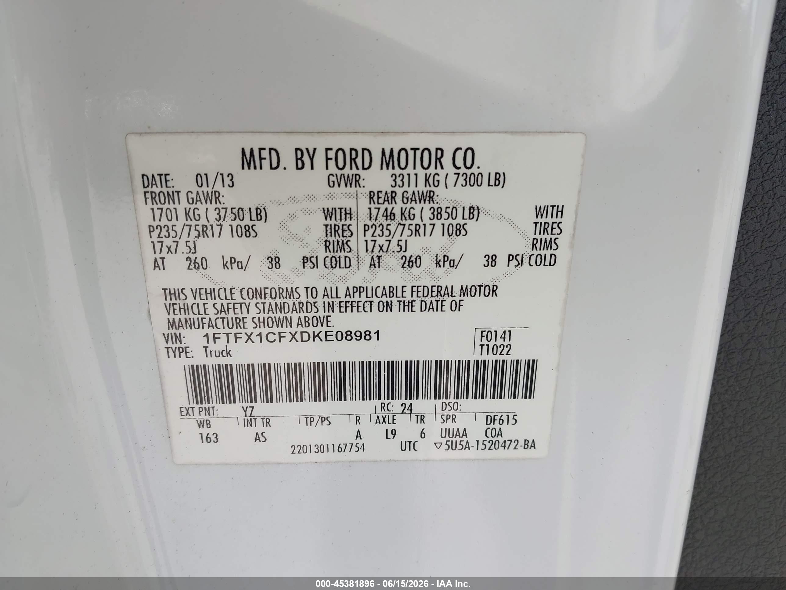 2013 Ford F-150 Xl White vin: 1FTFX1CFXDKE08981