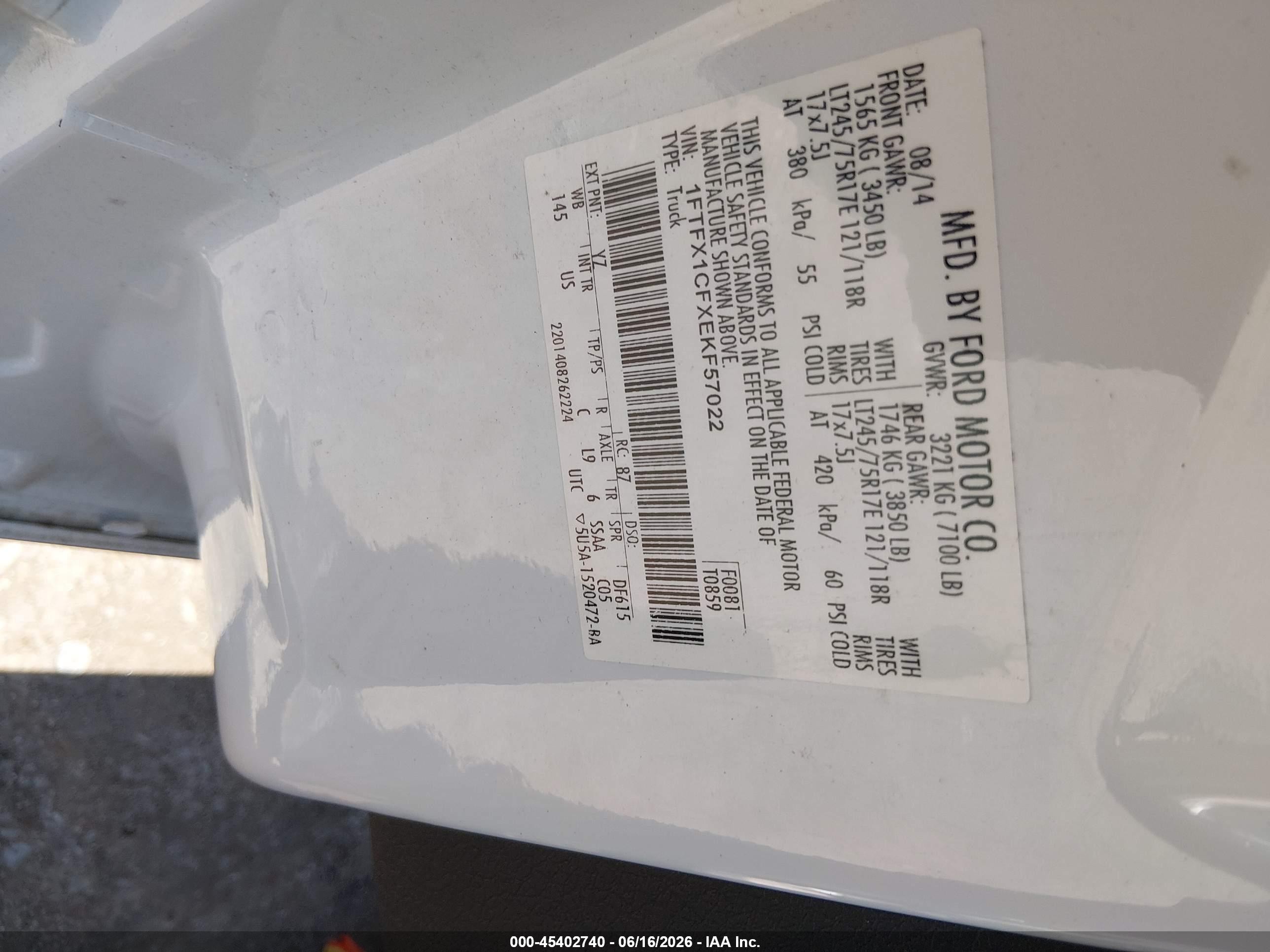 2014 Ford F-150   White vin: 1FTFX1CFXEKF57022