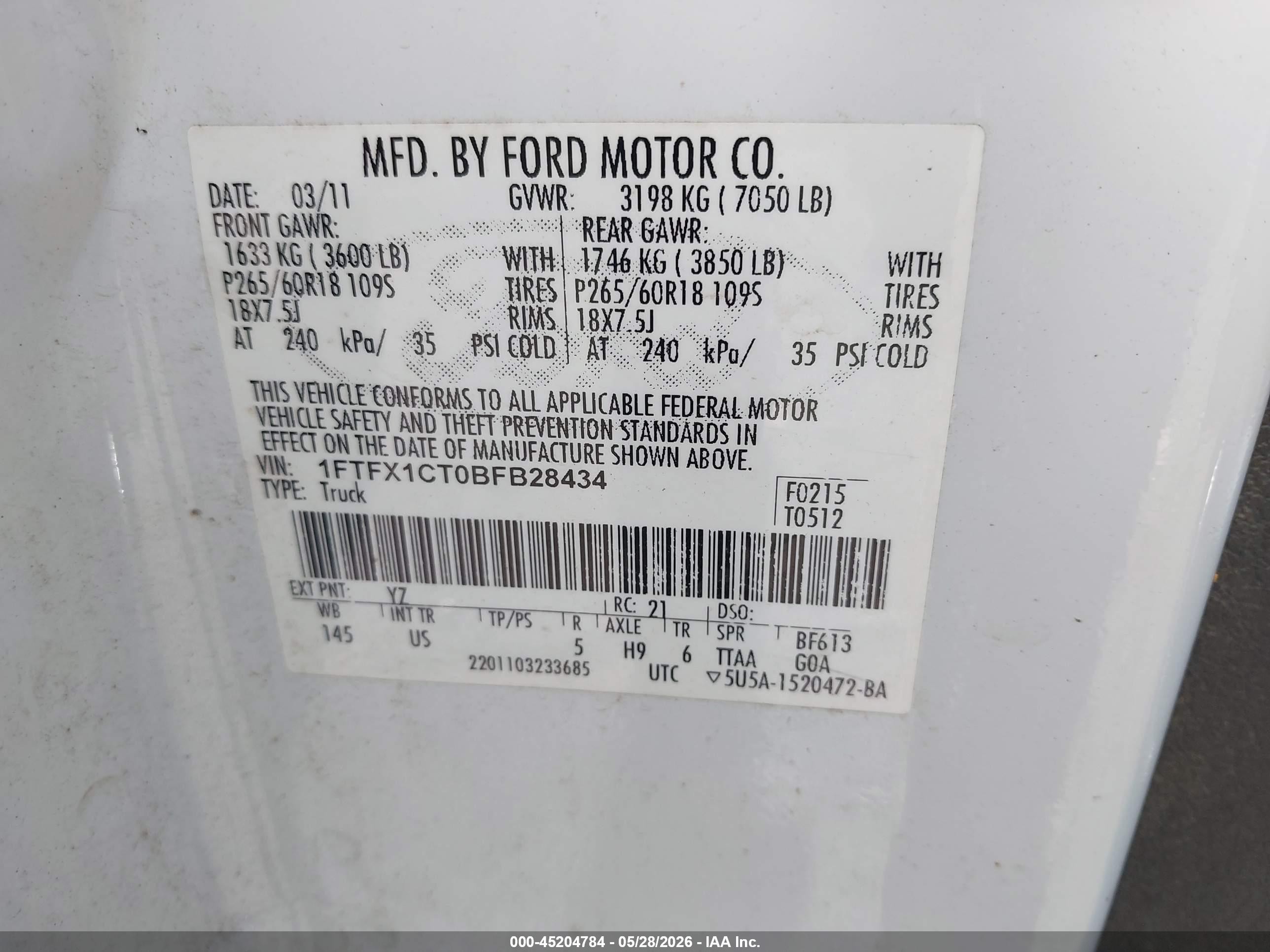 2011 Ford F-150 Xlt White vin: 1FTFX1CT0BFB28434