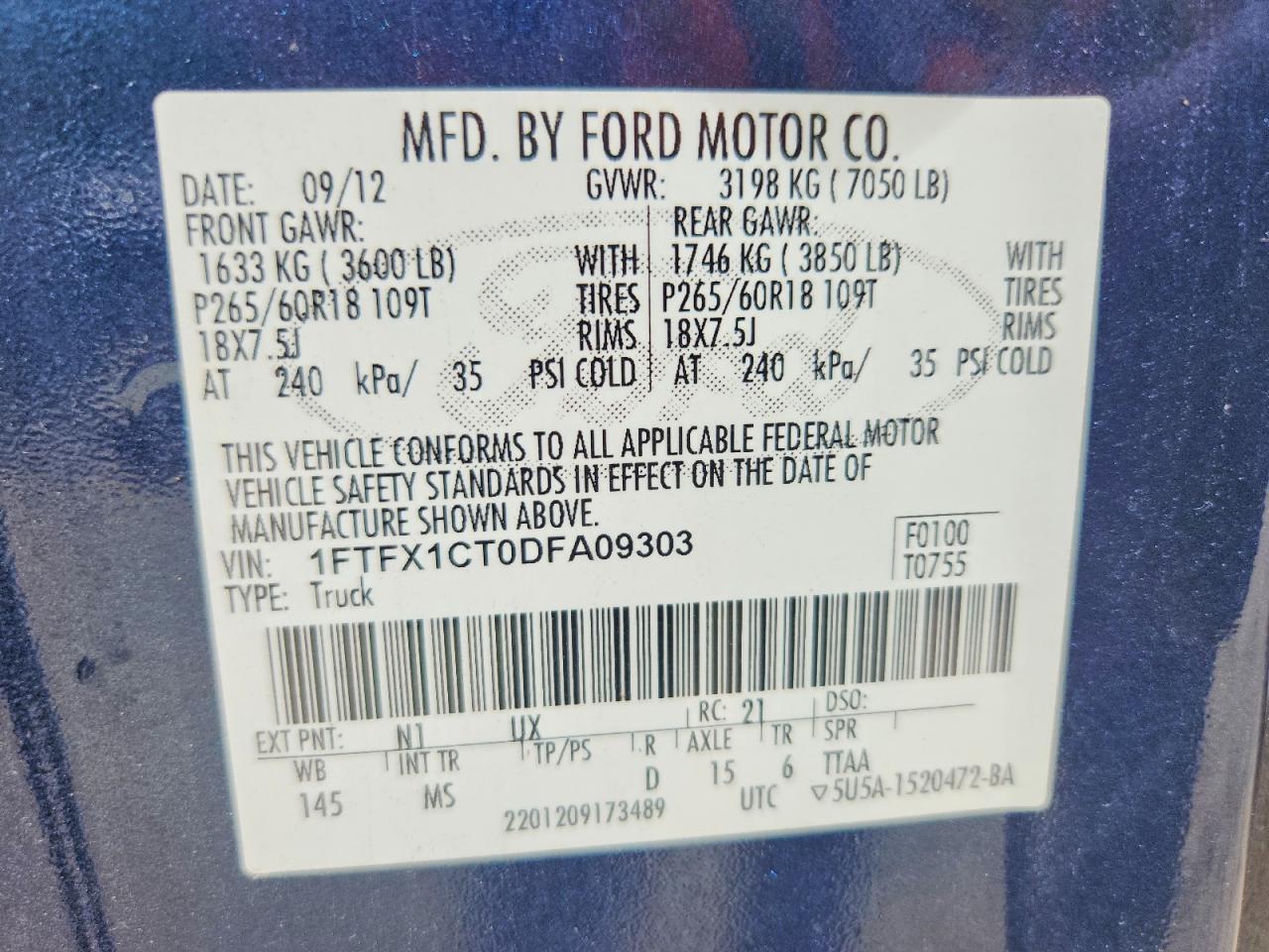 2013 Ford F150 Super Cab Blue vin: 1FTFX1CT0DFA09303