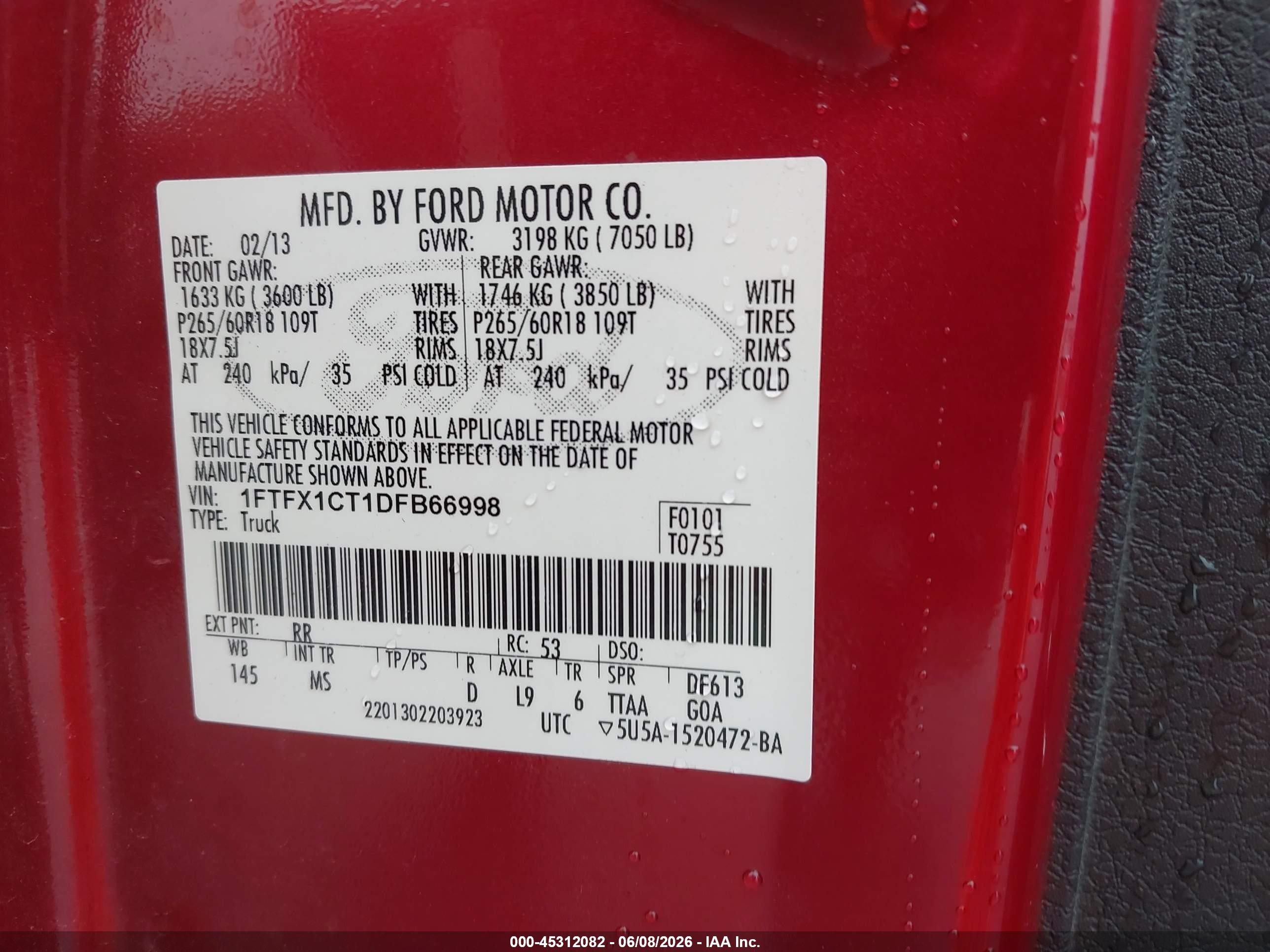2013 Ford F-150 Xlt Red vin: 1FTFX1CT1DFB66998