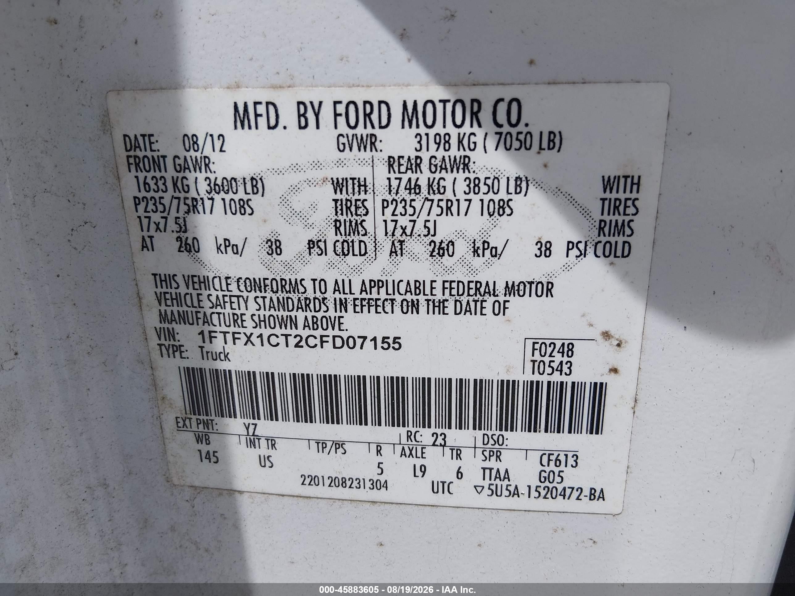 2012 Ford F-150 Xlt White vin: 1FTFX1CT2CFD07155