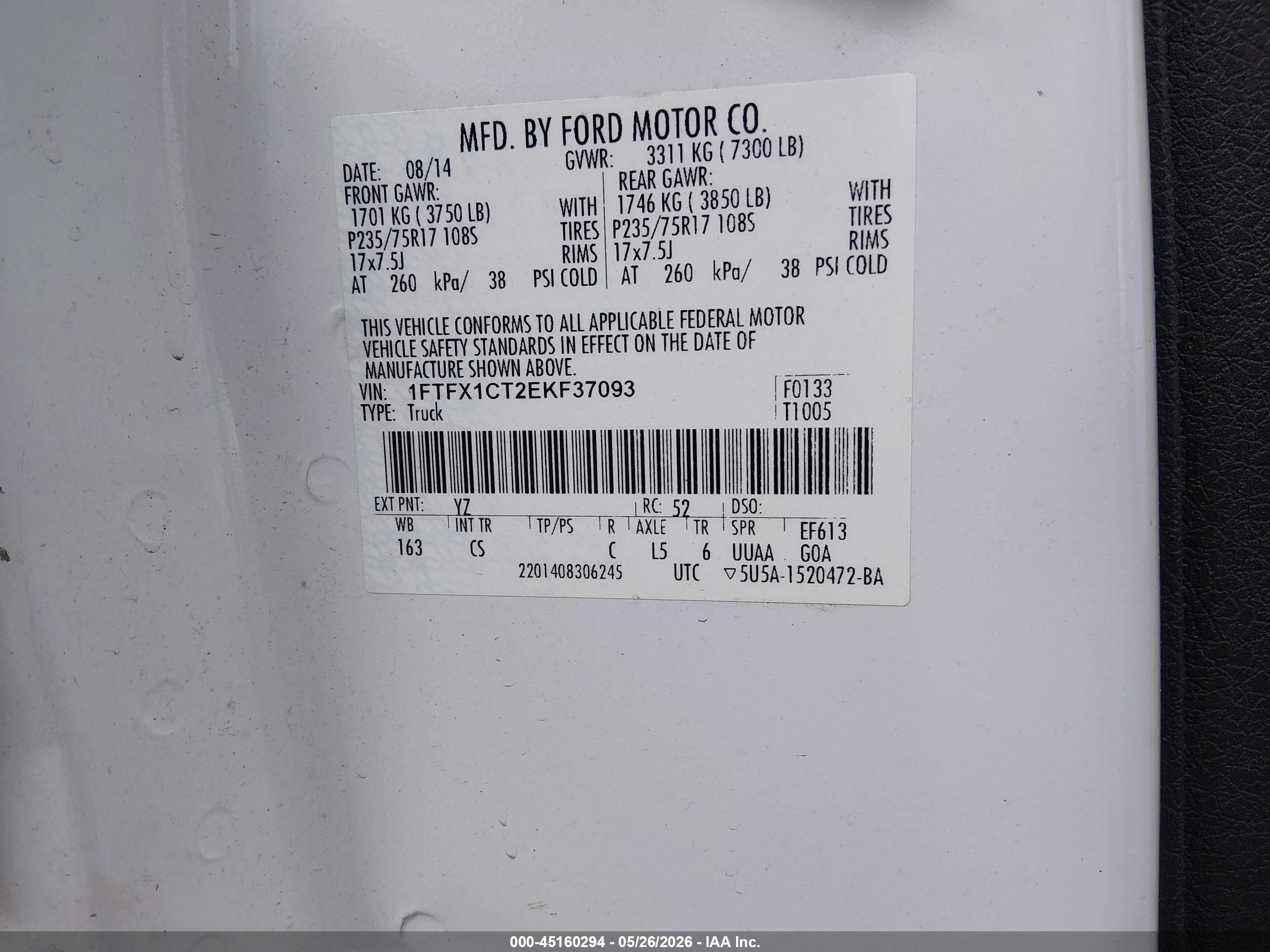 2014 Ford F-150 Xl White vin: 1FTFX1CT2EKF37093