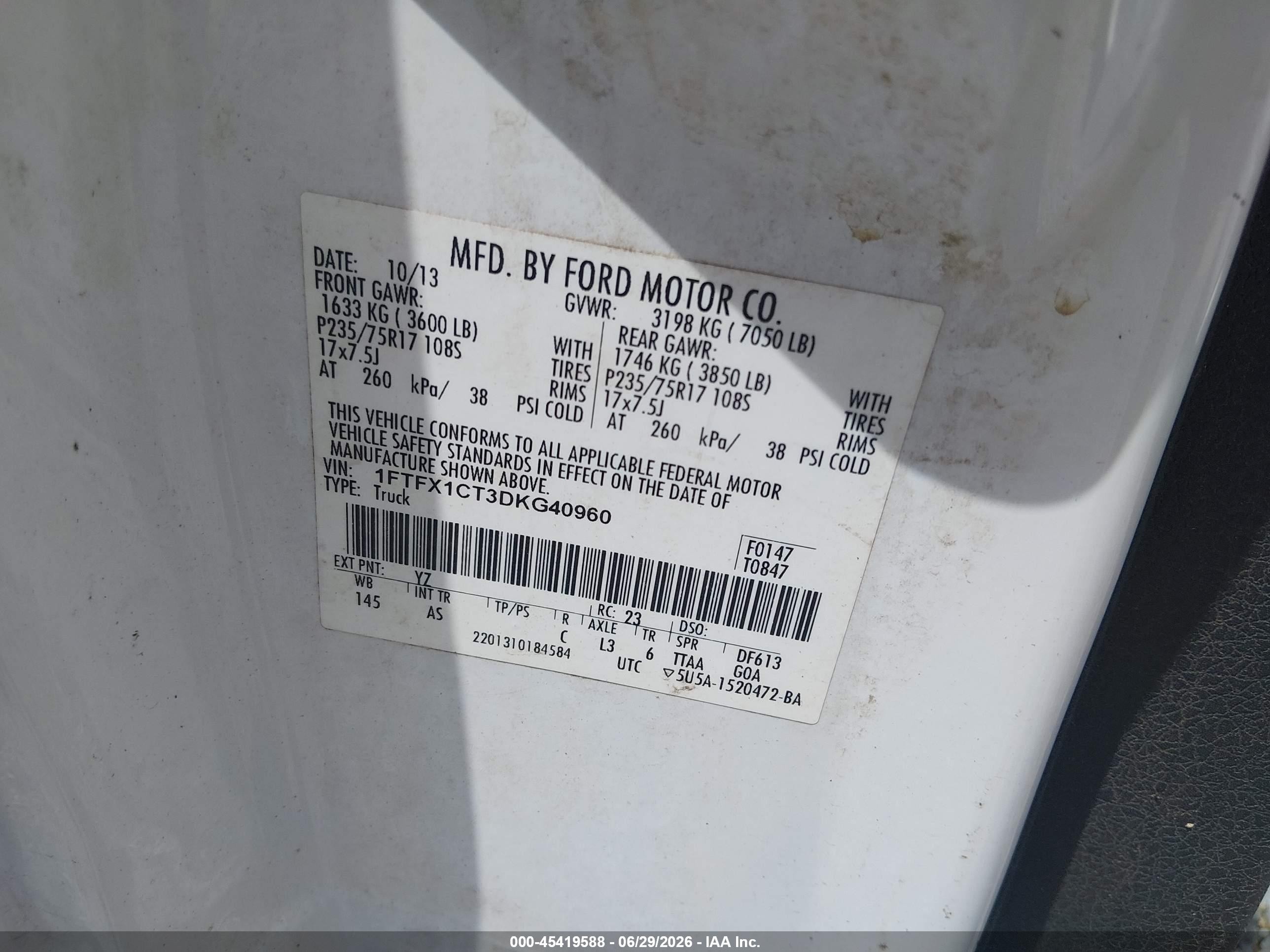 2013 Ford F-150 Xl Белый vin: 1FTFX1CT3DKG40960