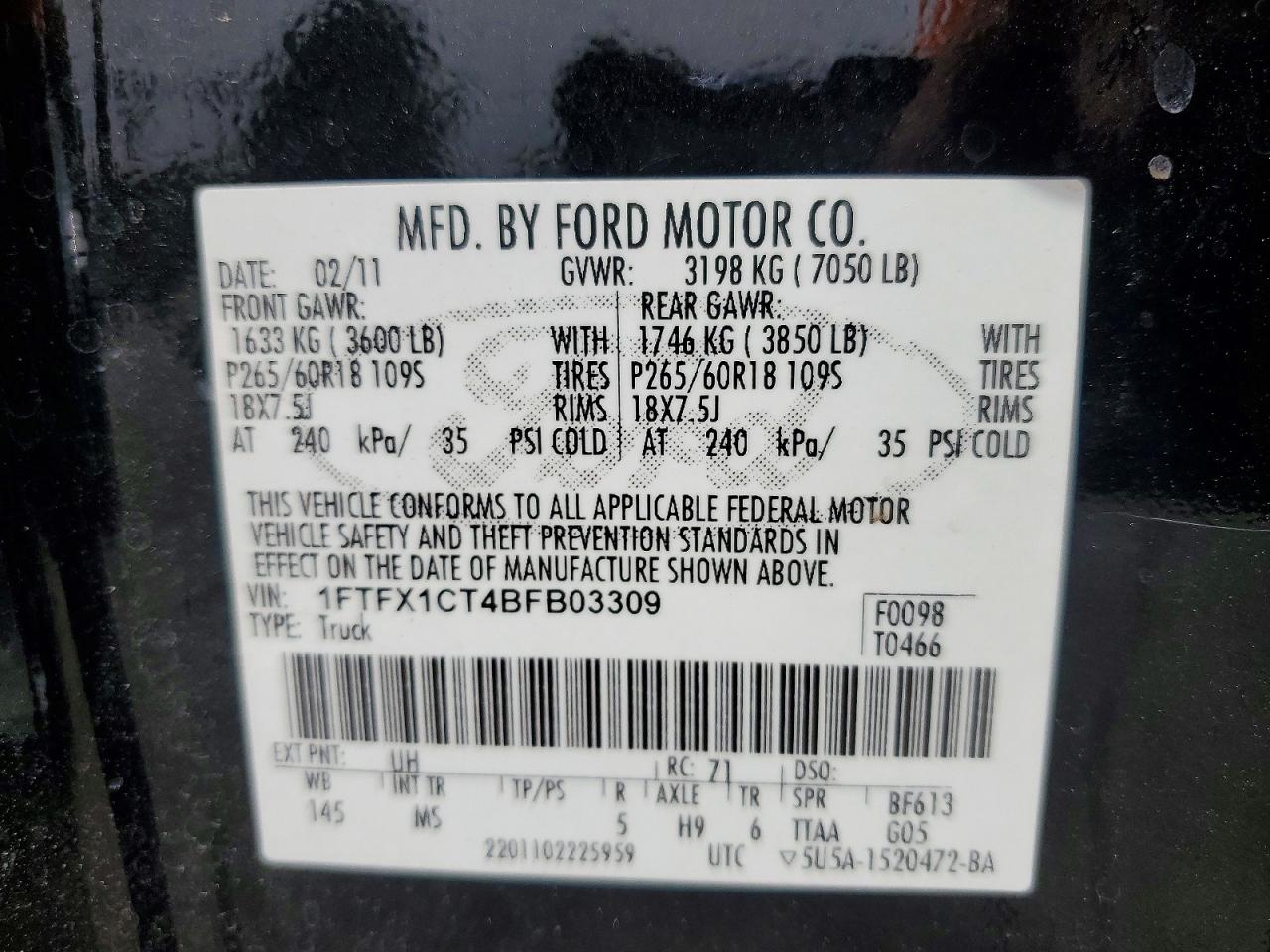 2011 Ford F150 Super Cab Black vin: 1FTFX1CT4BFB03309