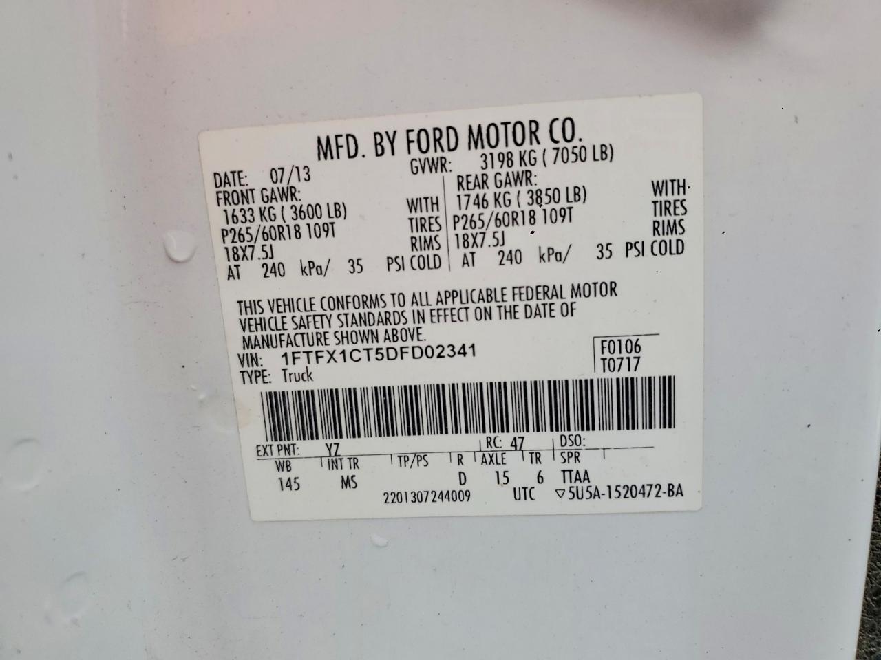 2013 Ford F150 Super Cab White vin: 1FTFX1CT5DFD02341
