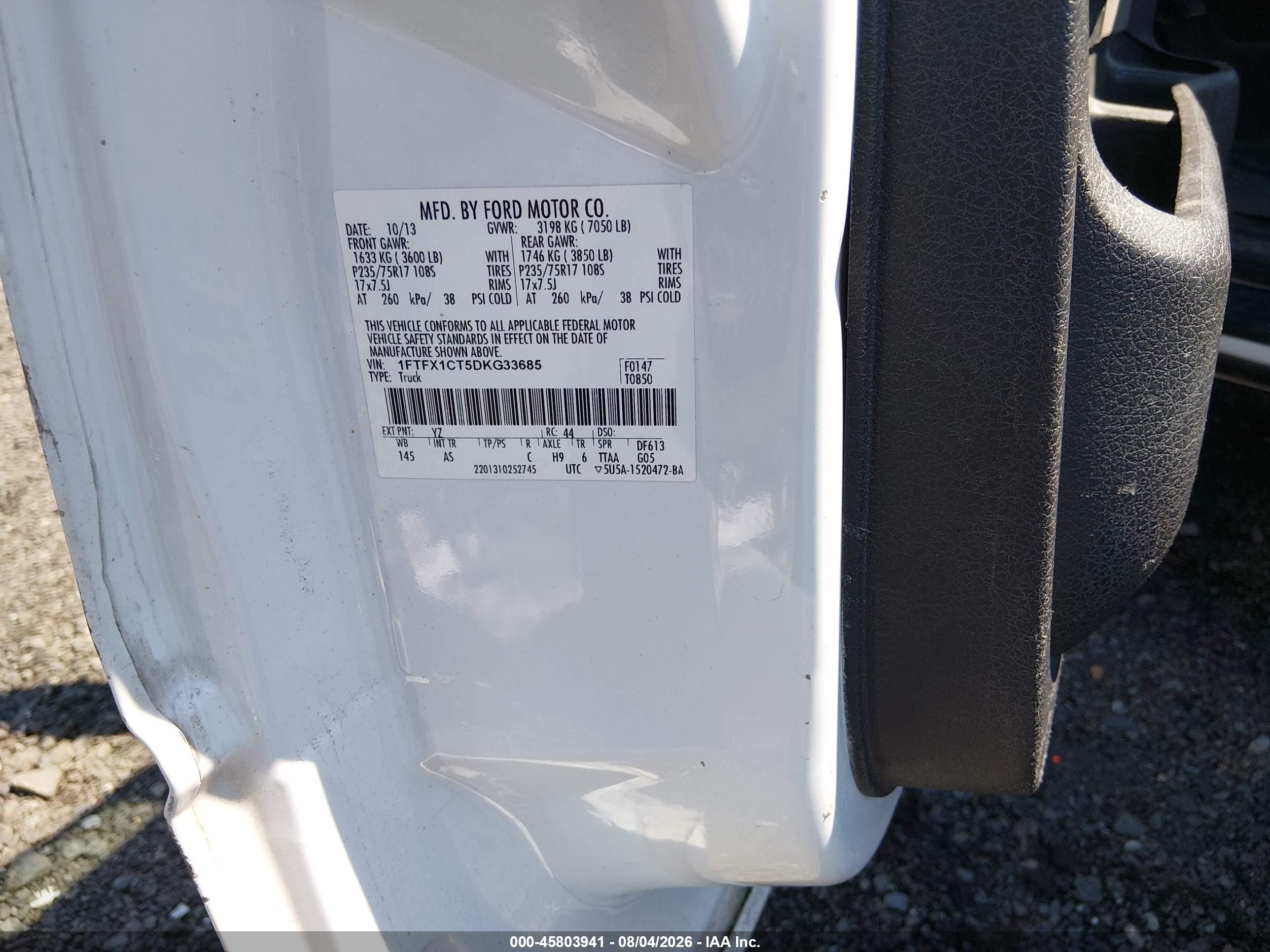 2013 Ford F-150 Xl White vin: 1FTFX1CT5DKG33685