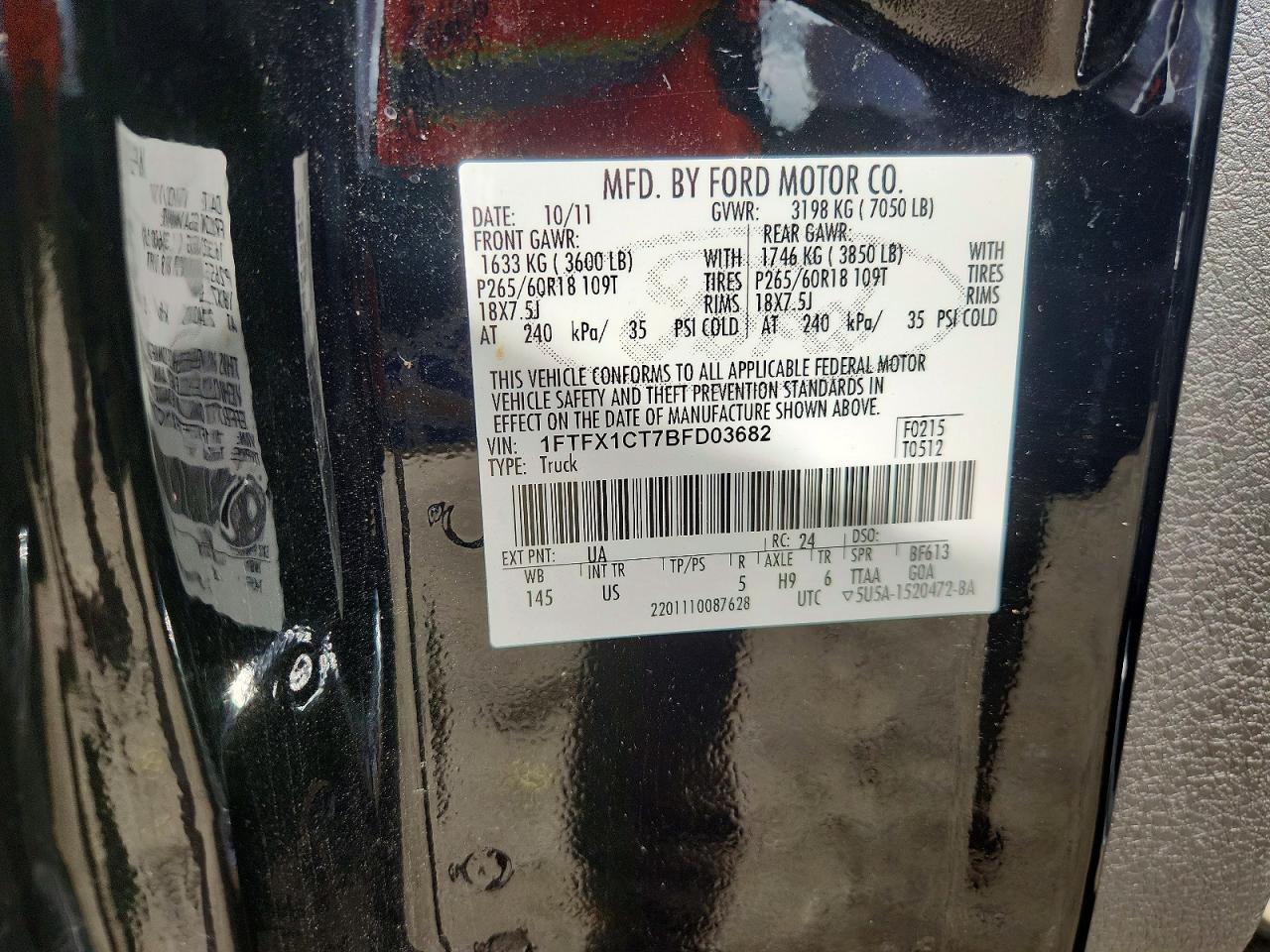 2011 Ford F150 Super Cab Black vin: 1FTFX1CT7BFD03682