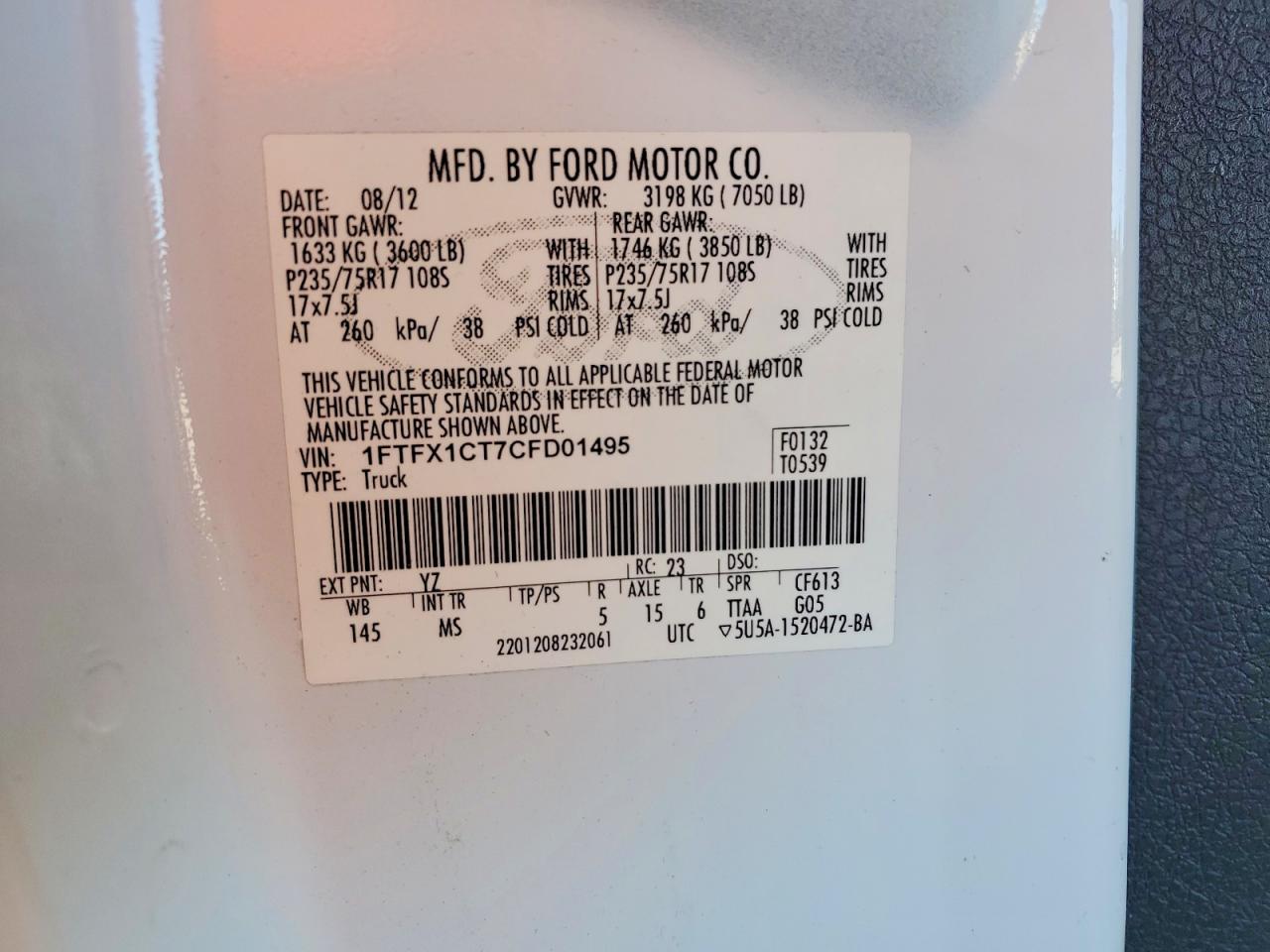 2012 Ford F150 Super Cab White vin: 1FTFX1CT7CFD01495