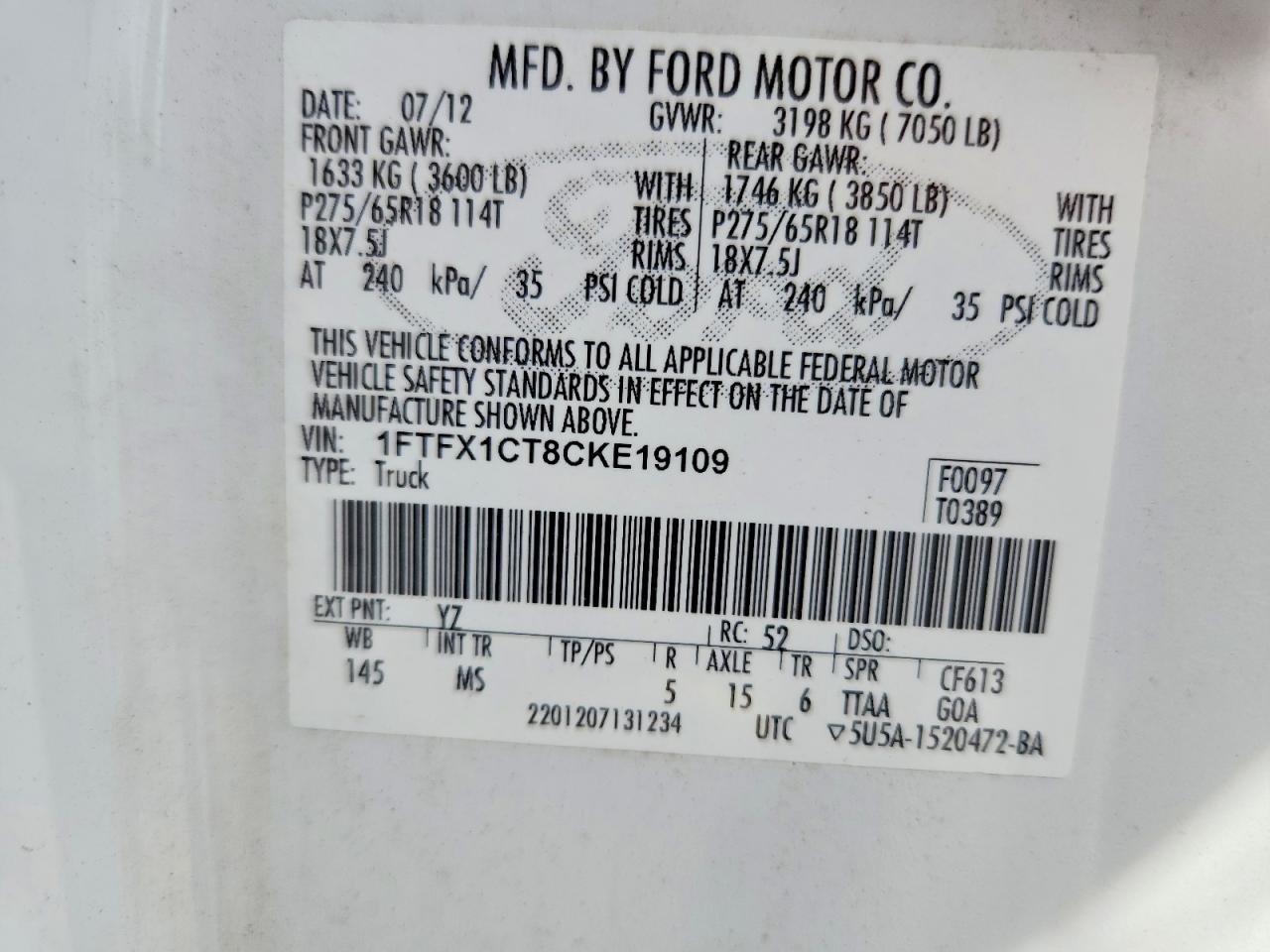 2012 Ford F150 Super Cab White vin: 1FTFX1CT8CKE19109