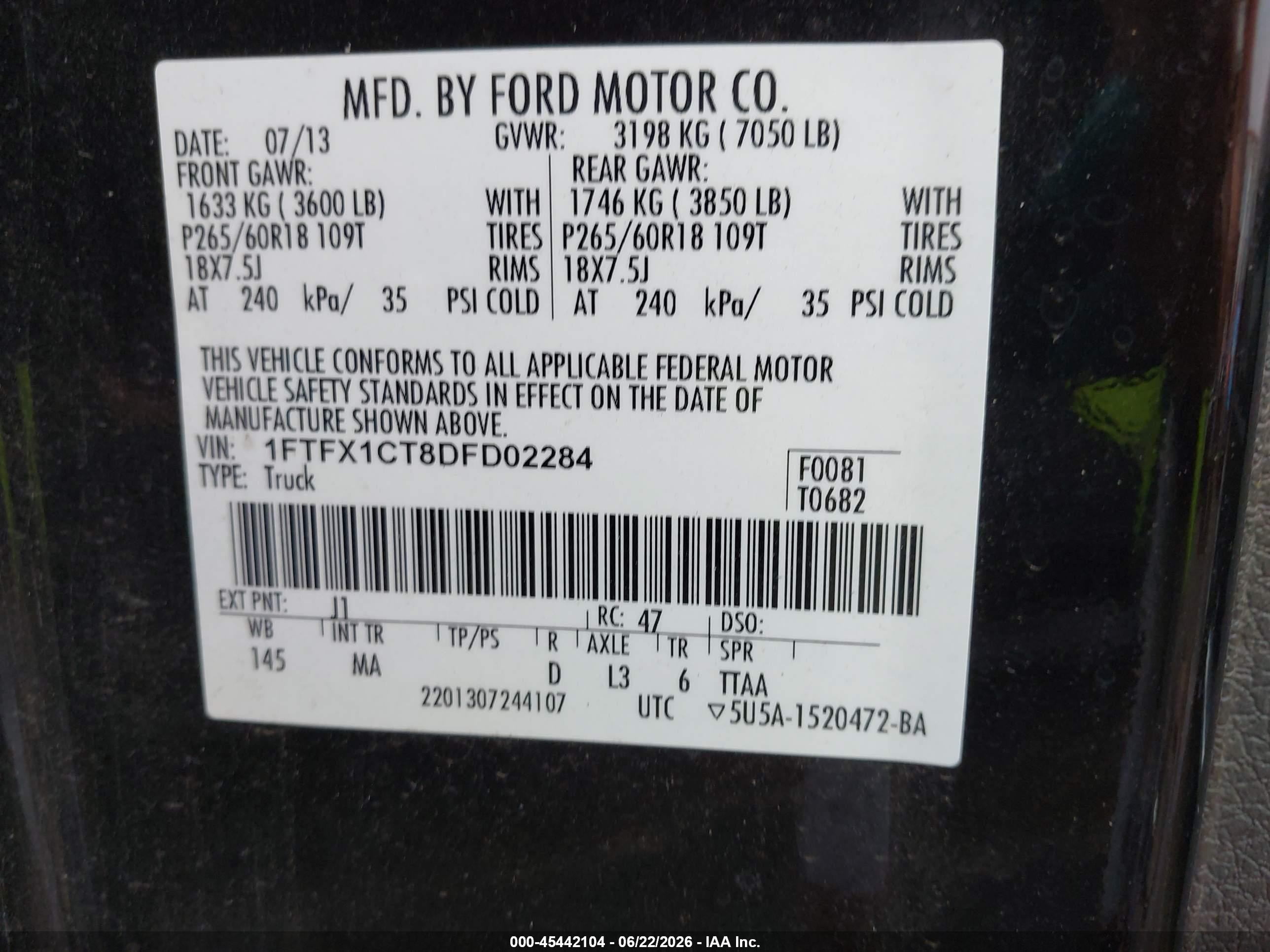 2013 Ford F-150 Fx2/lariat/xl/xlt Black vin: 1FTFX1CT8DFD02284
