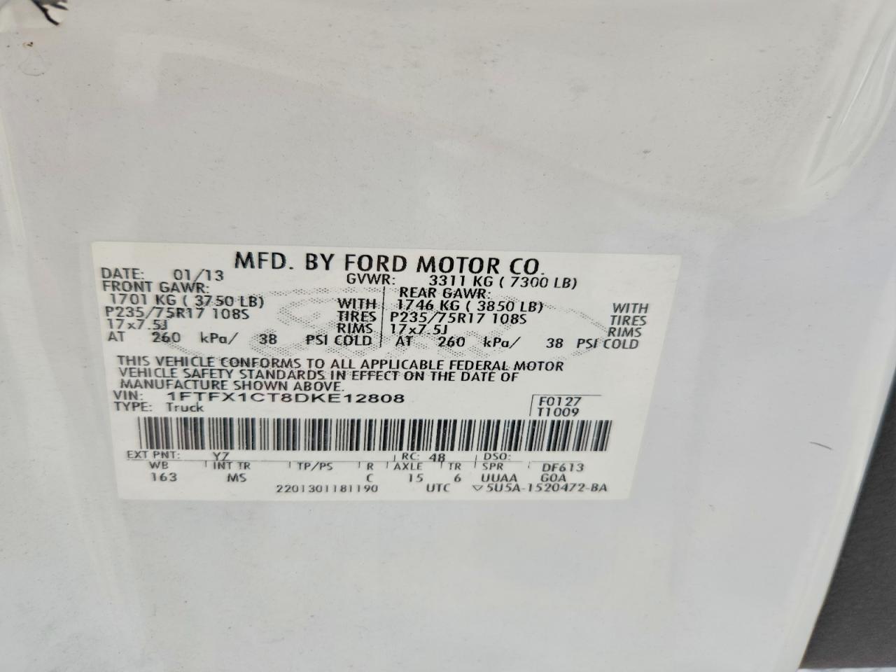 2013 Ford F150 Super Cab White vin: 1FTFX1CT8DKE12808