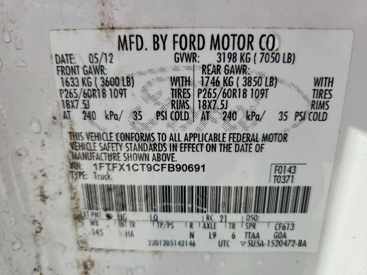 2012 Ford F150 Super Cab White vin: 1FTFX1CT9CFB90691
