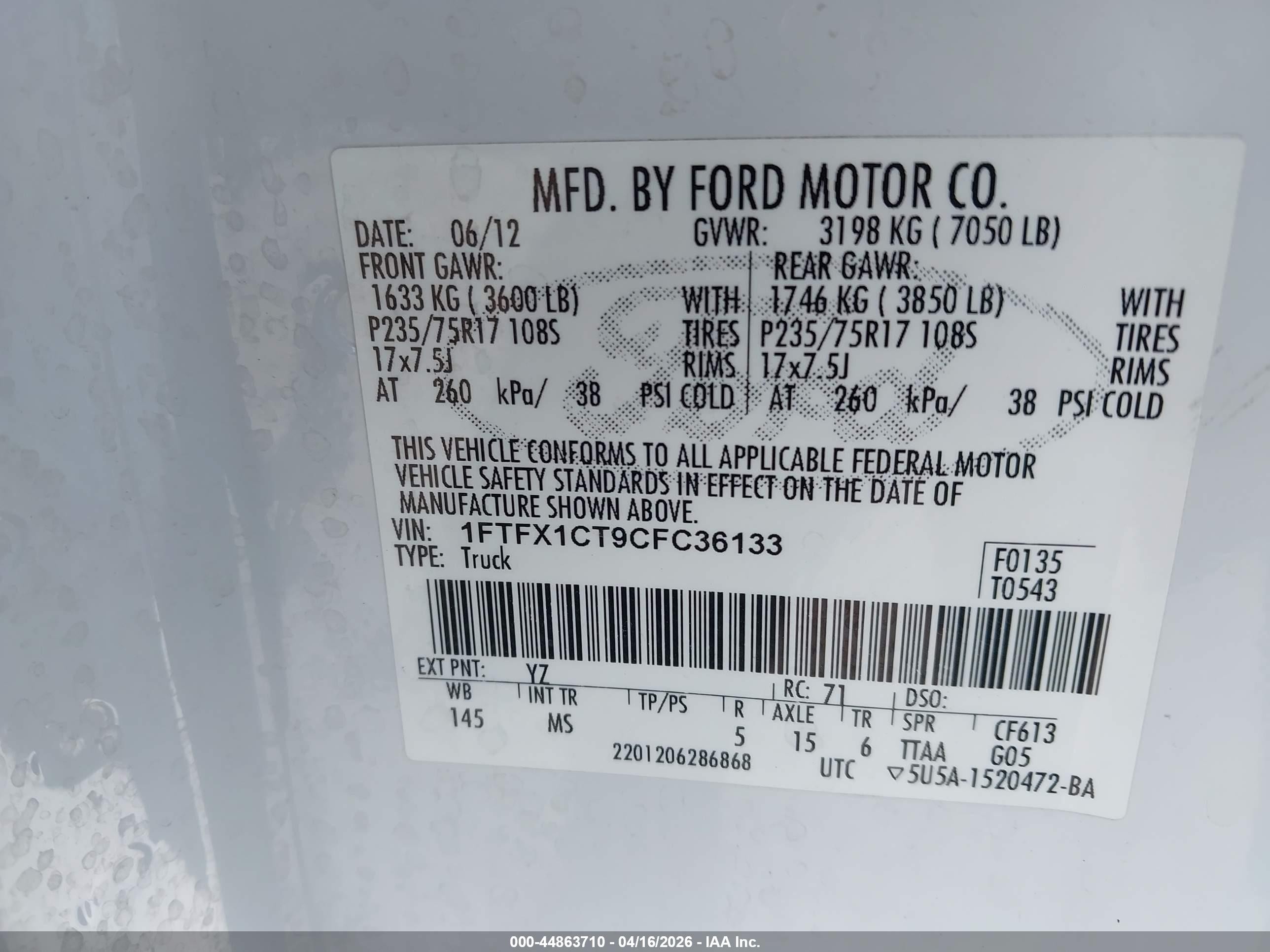 2012 Ford F-150 Xlt White vin: 1FTFX1CT9CFC36133