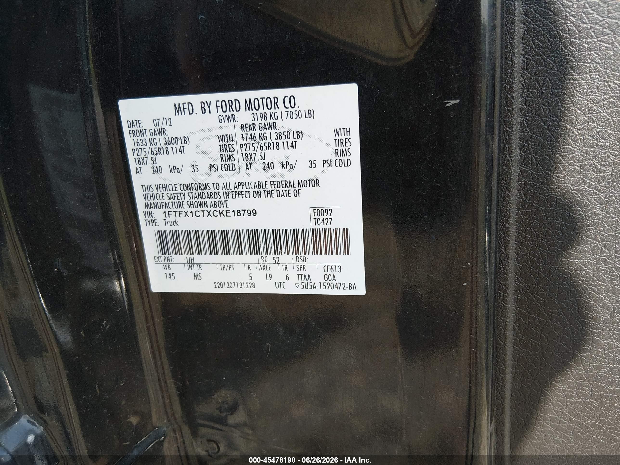 2012 Ford F-150 Fx2/lariat/xl/xlt Black vin: 1FTFX1CTXCKE18799