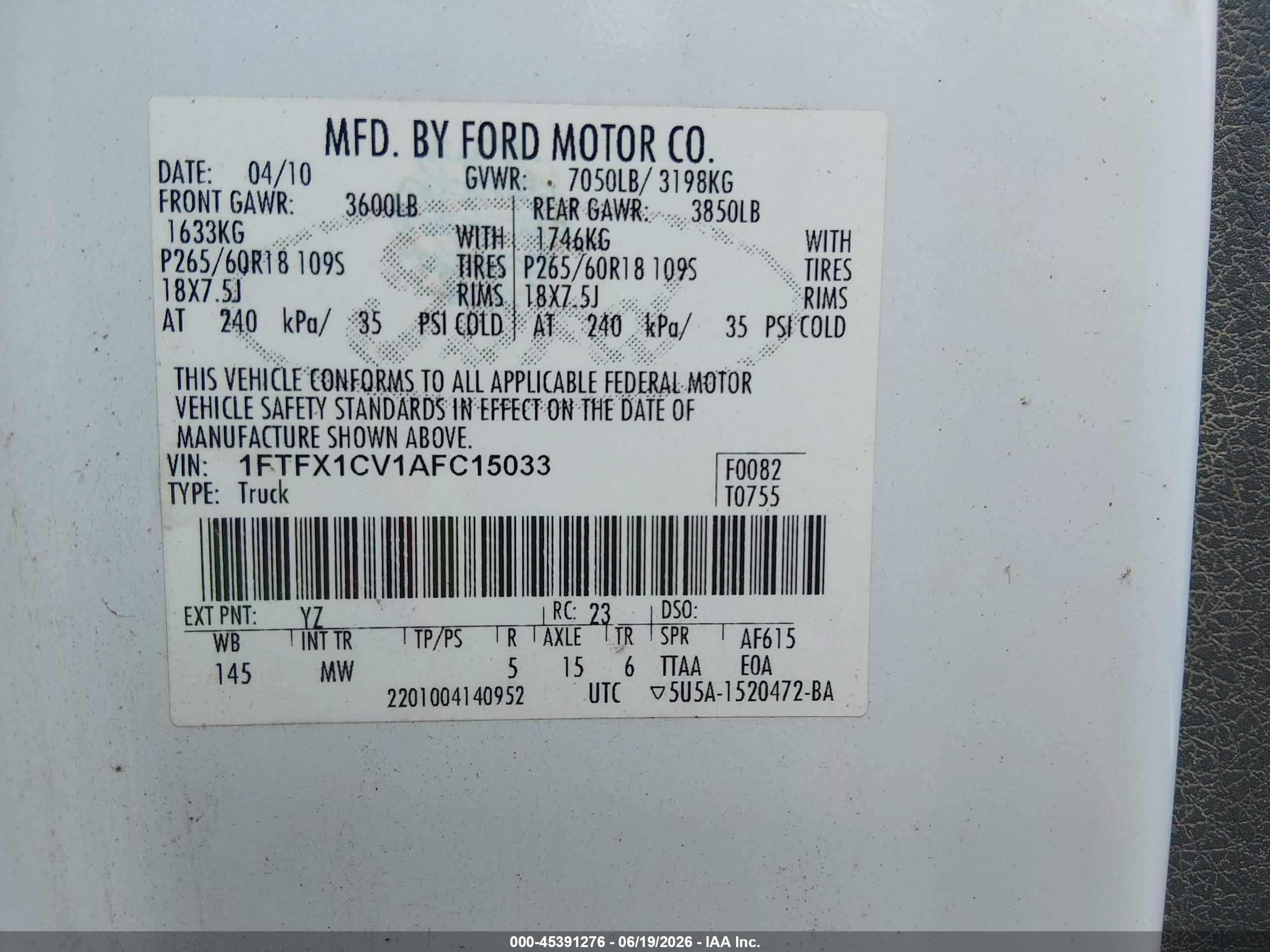 2010 Ford F-150 Fx2 Sport/lariat/xl/xlt White vin: 1FTFX1CV1AFC15033