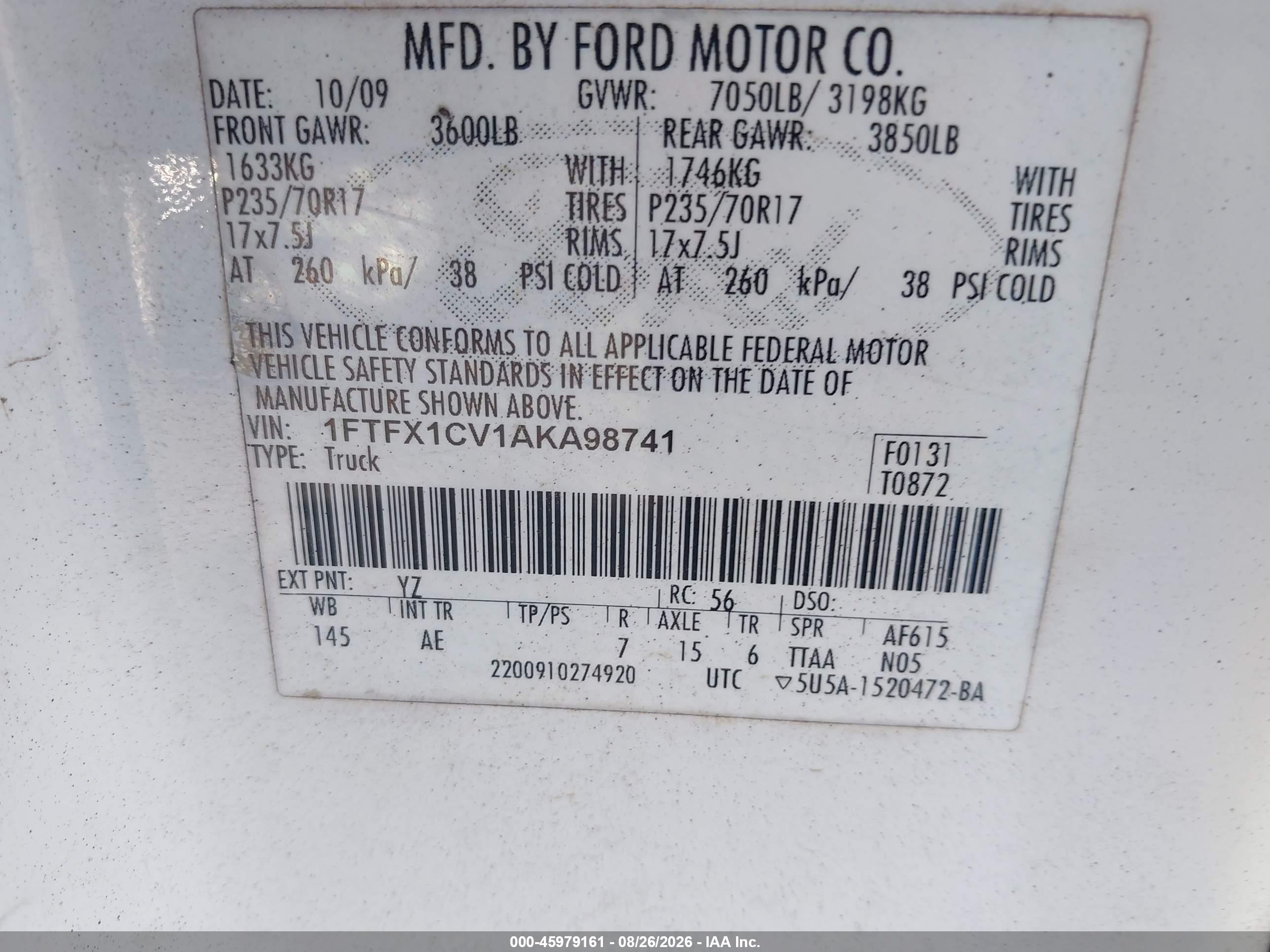 2010 Ford F-150 Fx2 Sport/lariat/xl/xlt White vin: 1FTFX1CV1AKA98741