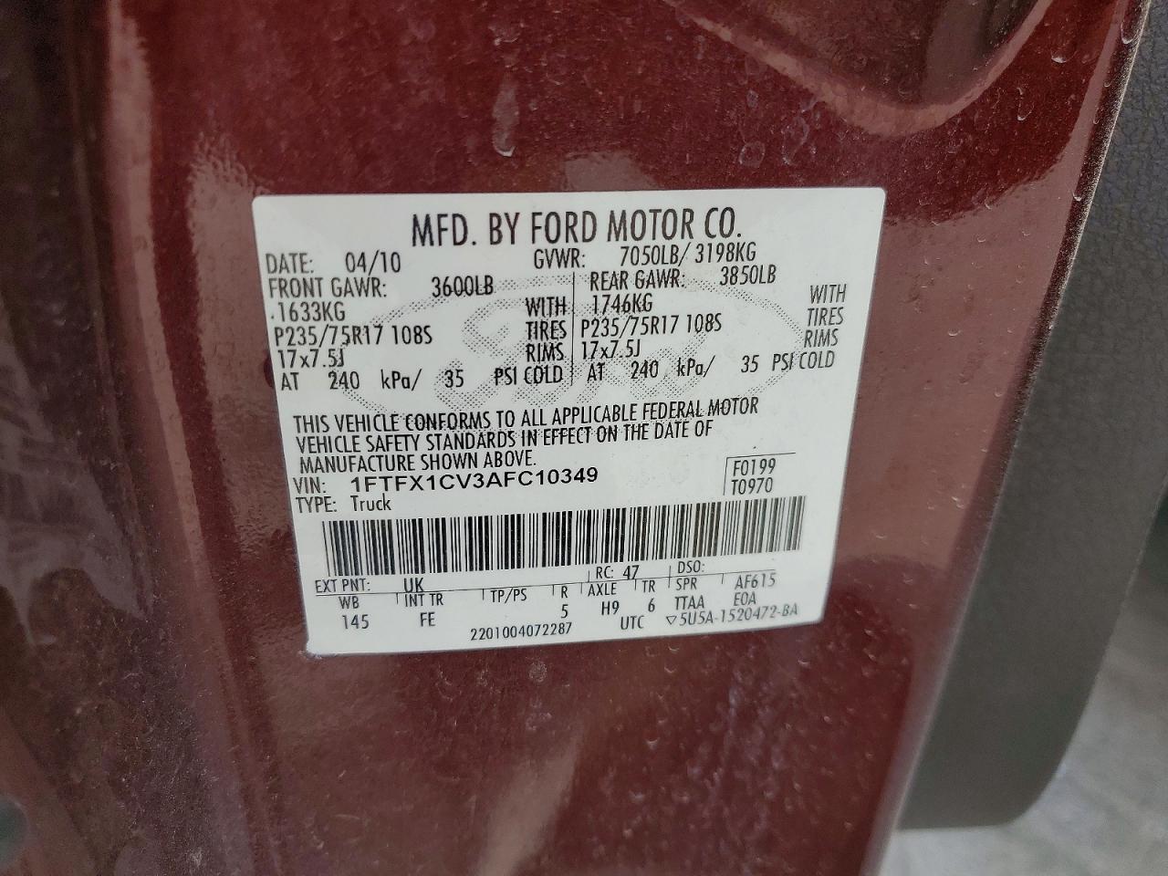 2010 Ford F150 Super Cab Maroon vin: 1FTFX1CV3AFC10349