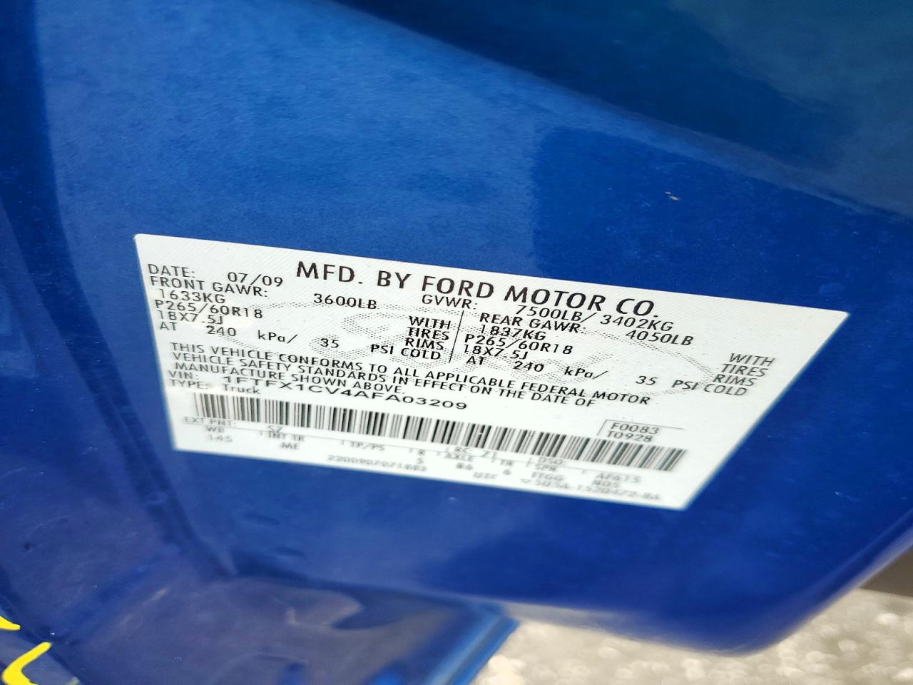 2010 Ford F150 Super Cab Blue vin: 1FTFX1CV4AFA03209