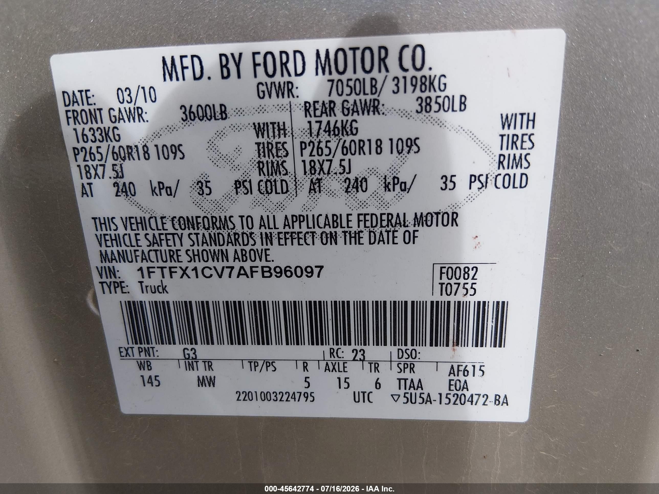 2010 Ford F-150 Fx2 Sport/lariat/xl/xlt Tan vin: 1FTFX1CV7AFB96097