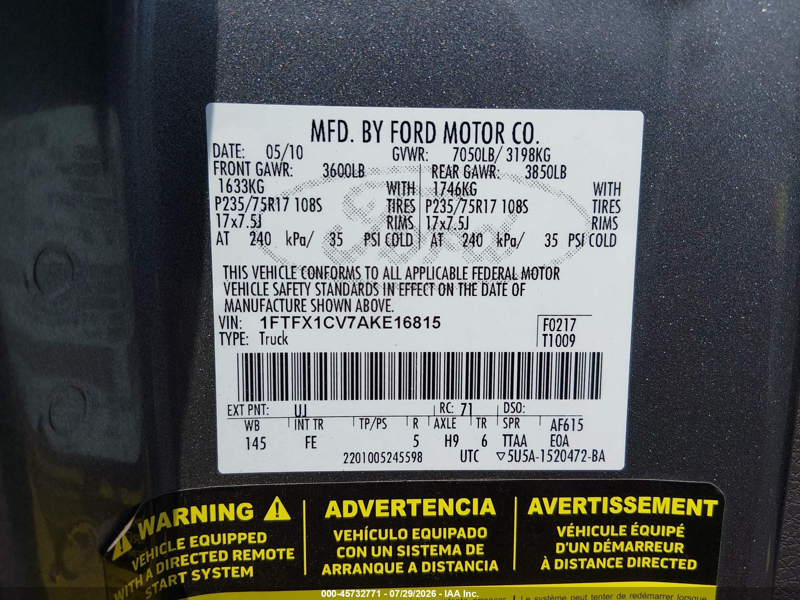 2010 Ford F-150 Fx2 Sport/lariat/xl/xlt Gray vin: 1FTFX1CV7AKE16815