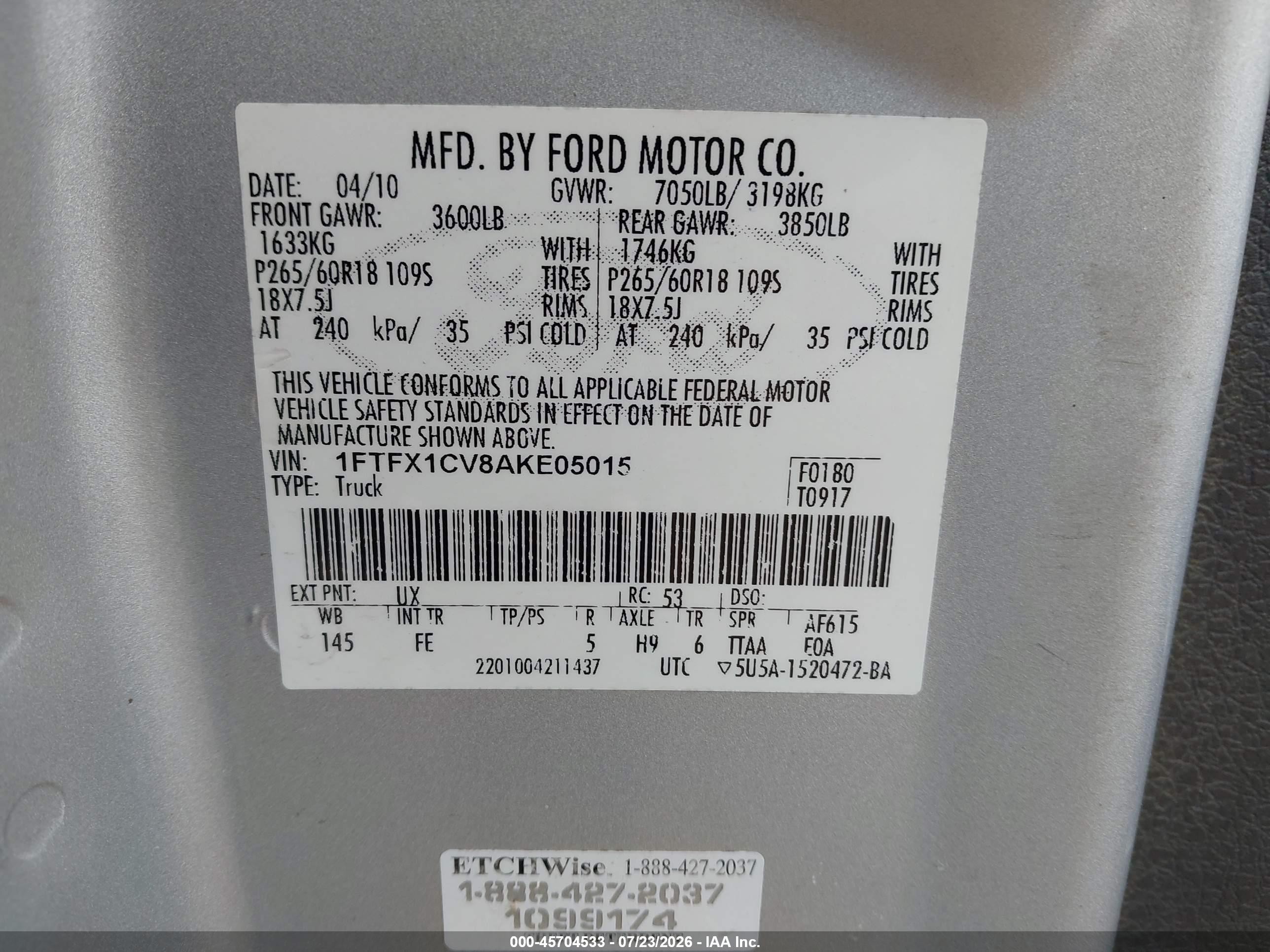 2010 Ford F-150 Fx2 Sport/lariat/xl/xlt Silver vin: 1FTFX1CV8AKE05015