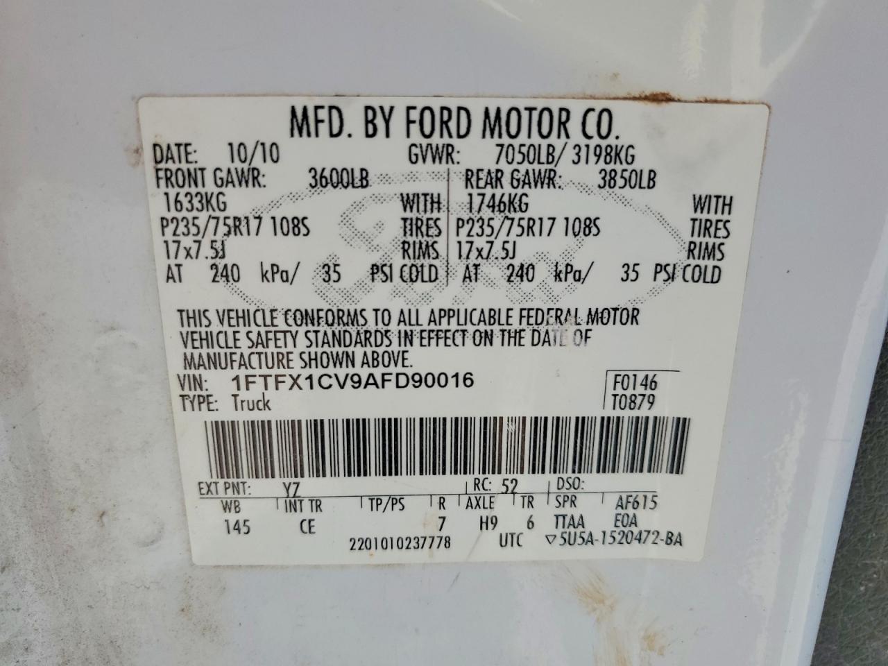 2010 Ford F150 Super Cab White vin: 1FTFX1CV9AFD90016