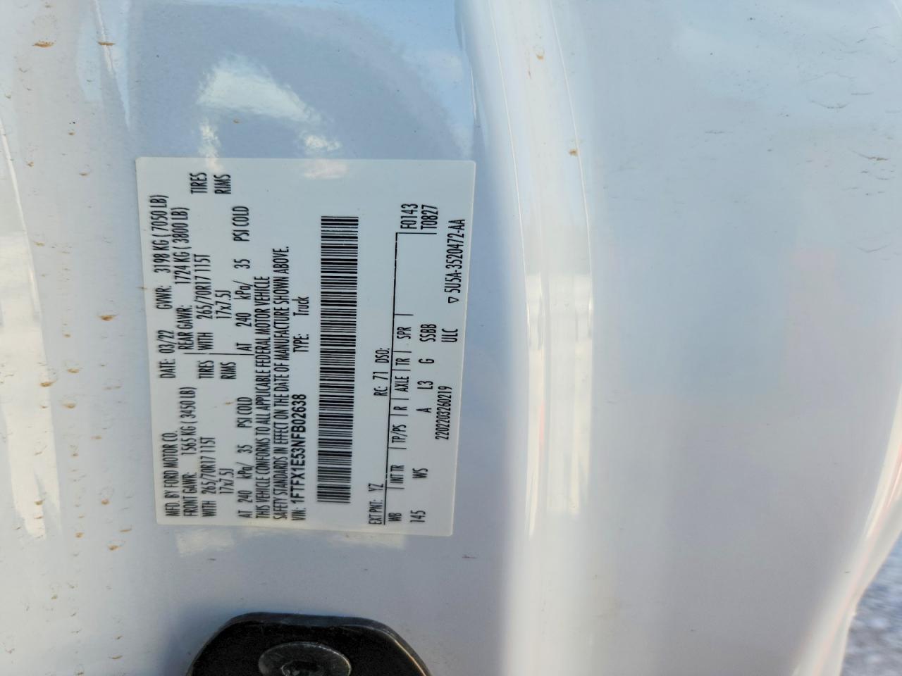 2022 Ford F150 Super Cab White vin: 1FTFX1E53NFB02638