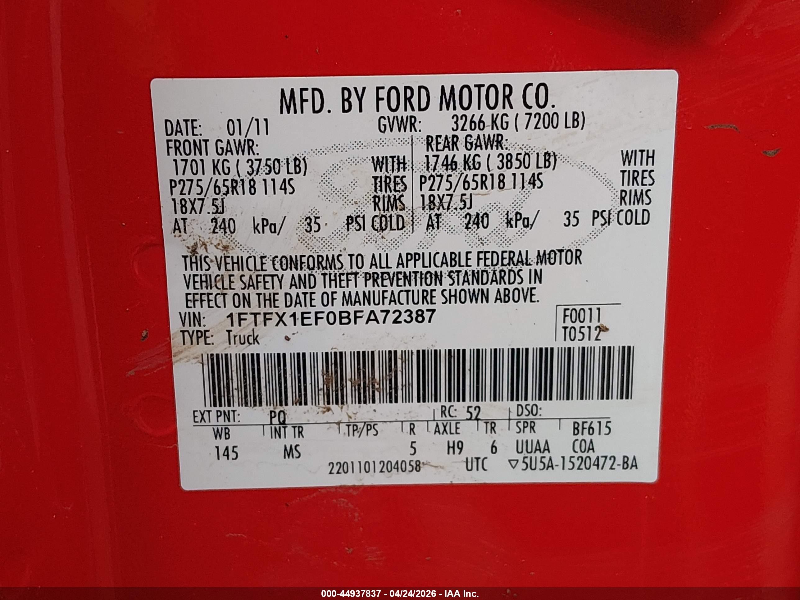 2011 Ford F-150 Xlt Red vin: 1FTFX1EF0BFA72387
