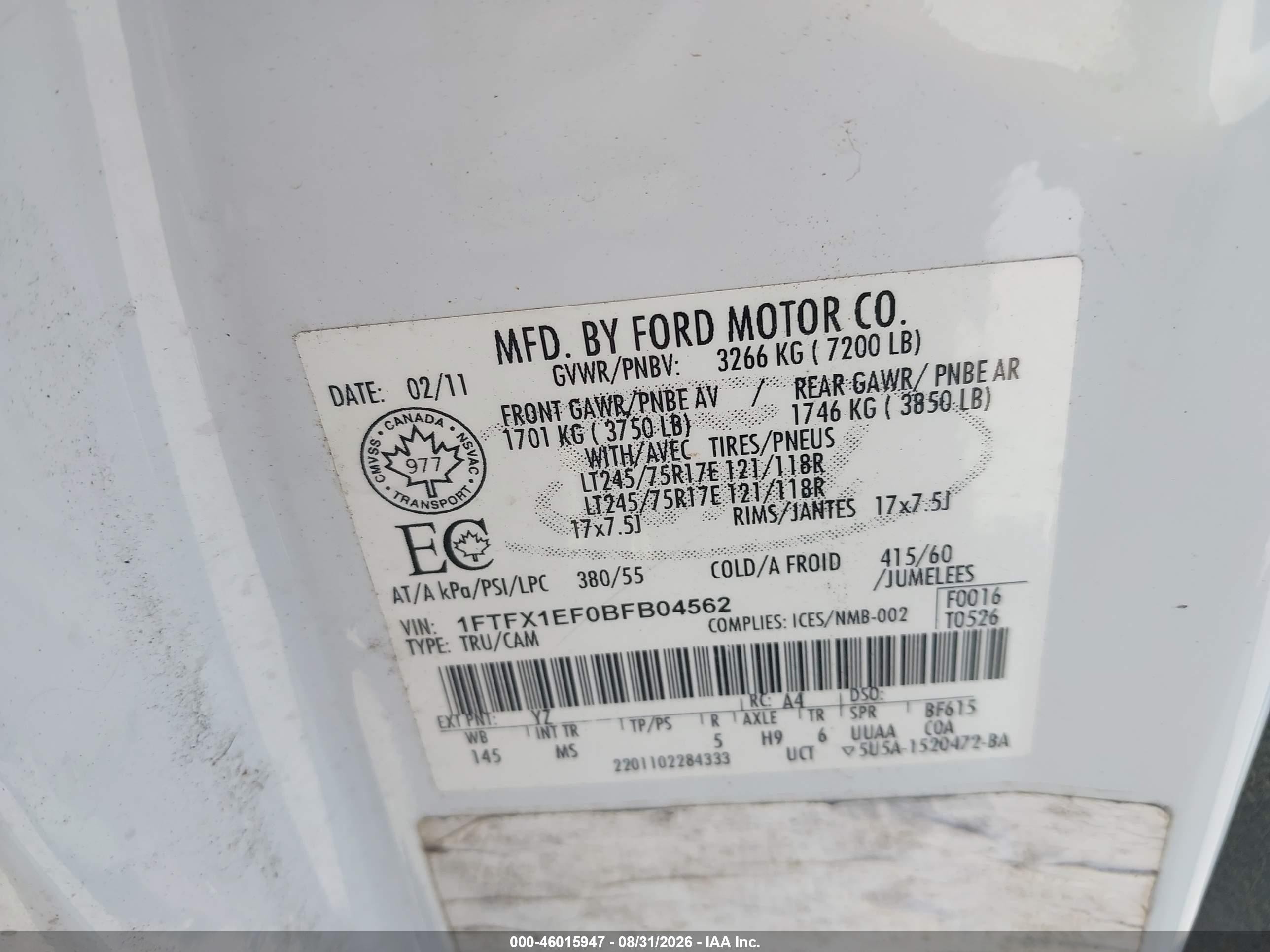 2011 Ford F-150 Xlt White vin: 1FTFX1EF0BFB04562
