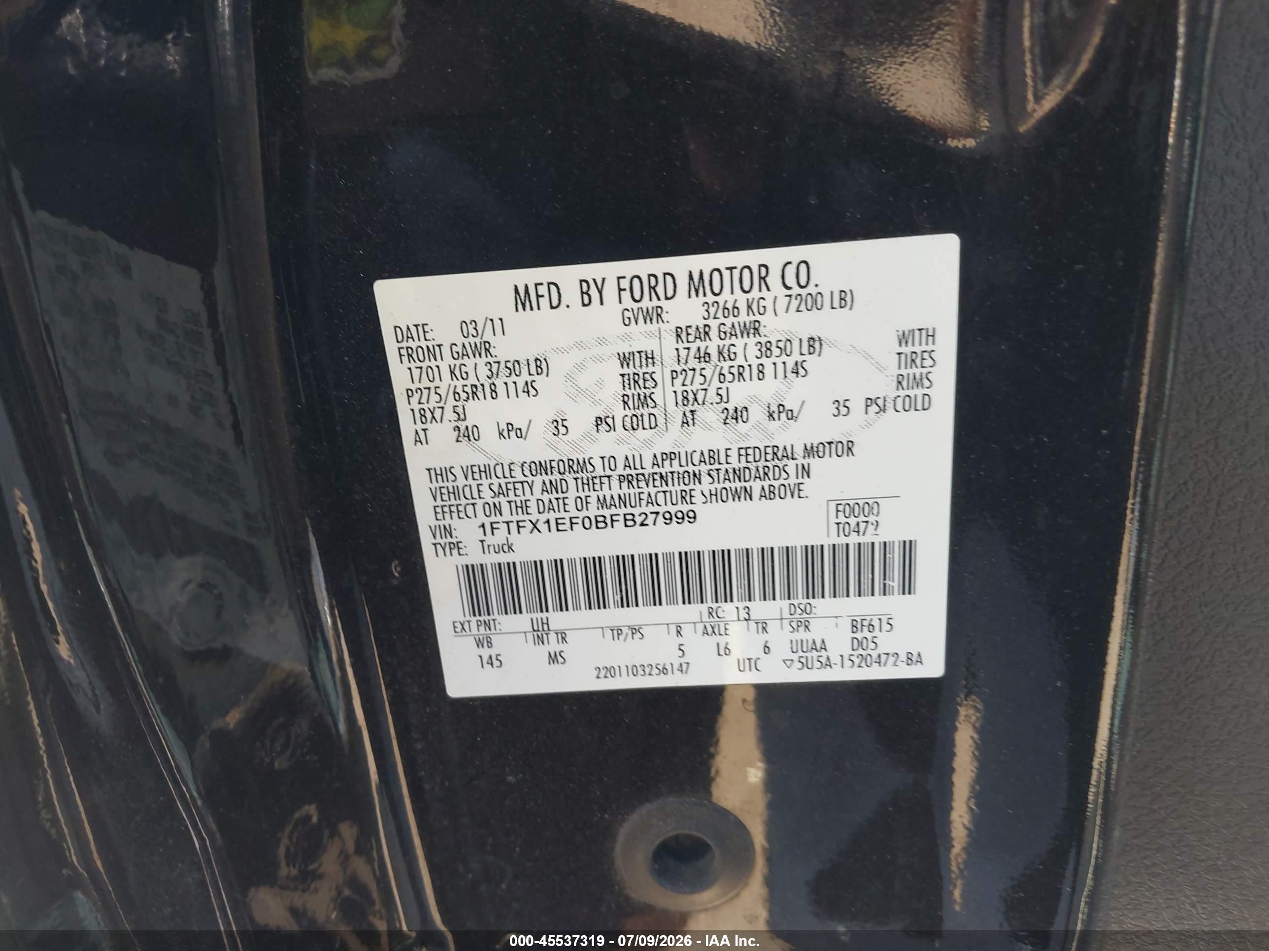 2011 Ford F-150 Fx4/lariat/stx/xl/xlt Black vin: 1FTFX1EF0BFB27999