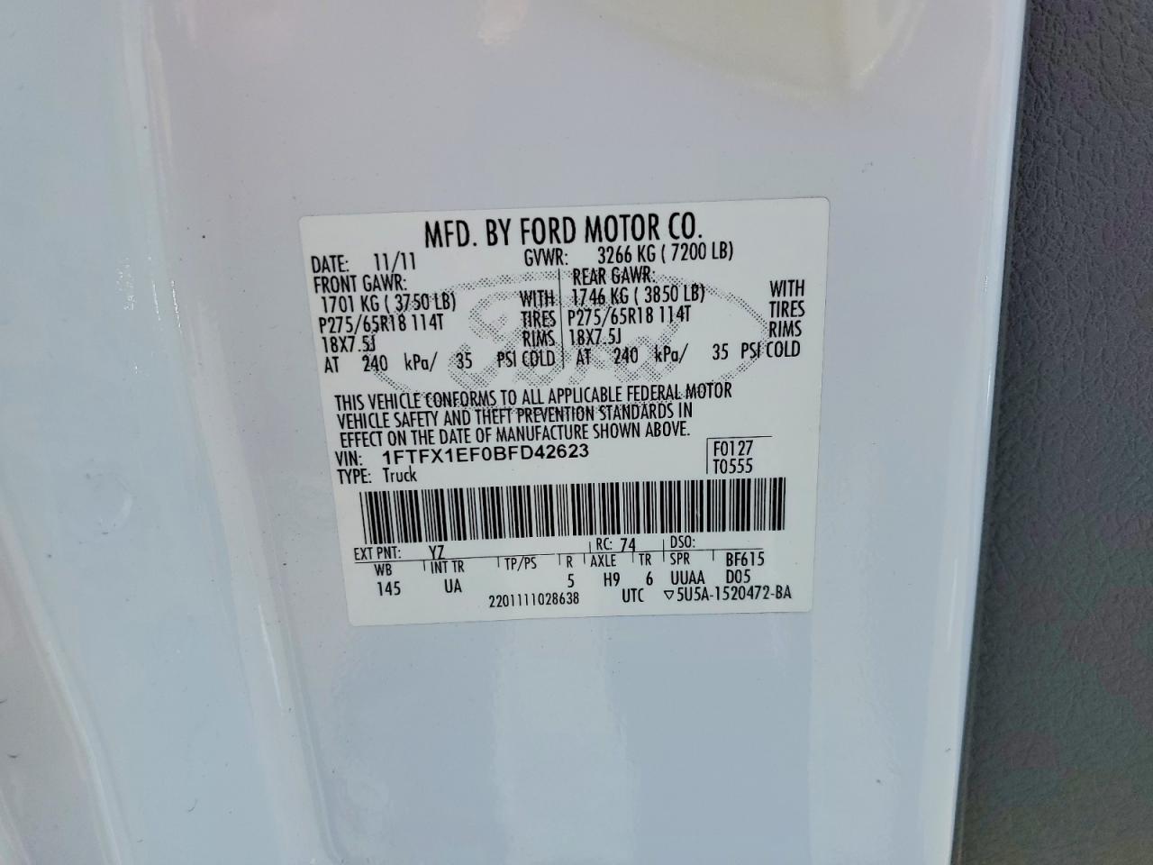 2011 Ford F150 Super Cab White vin: 1FTFX1EF0BFD42623