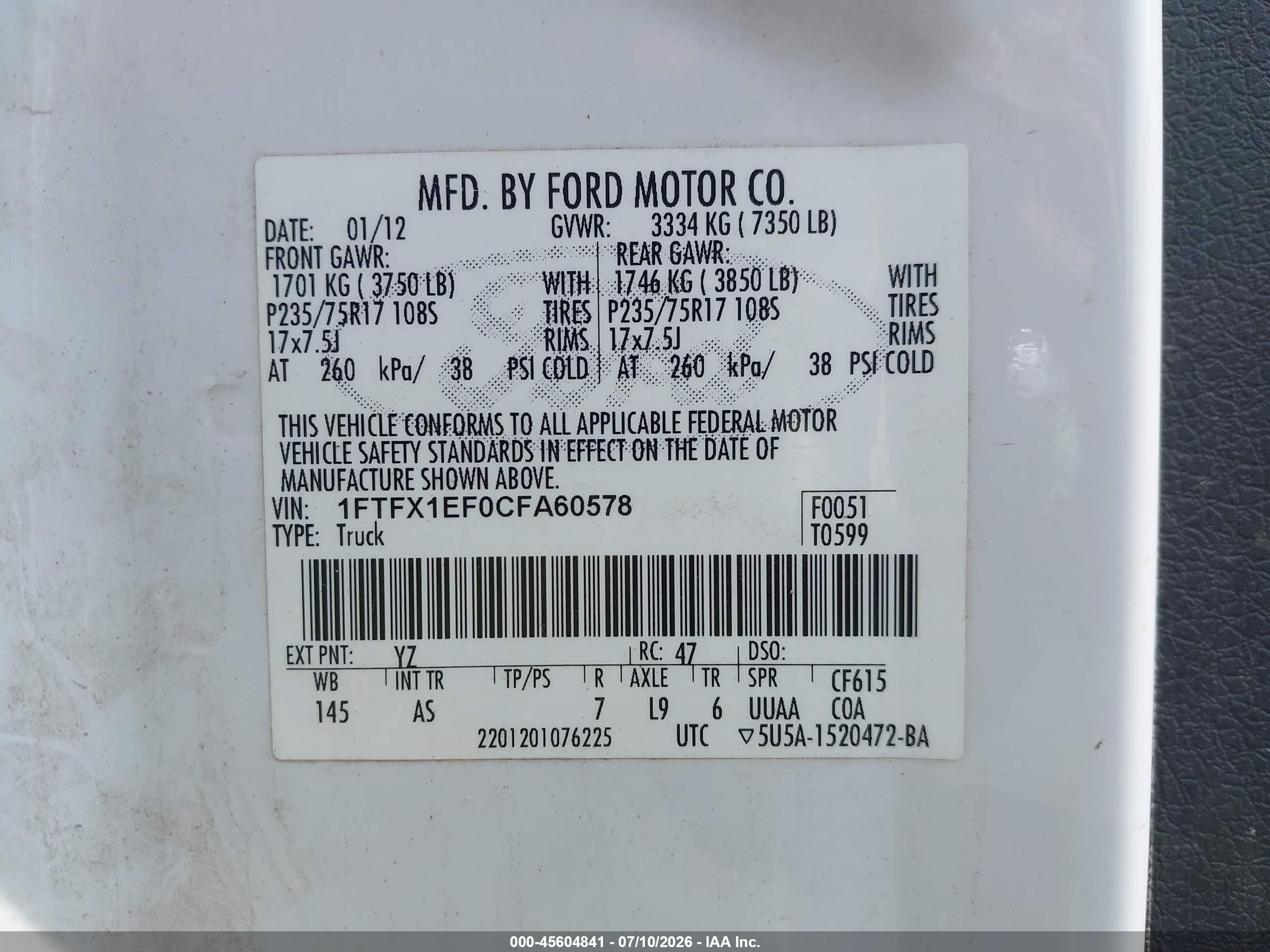 2012 Ford F-150 Xl White vin: 1FTFX1EF0CFA60578