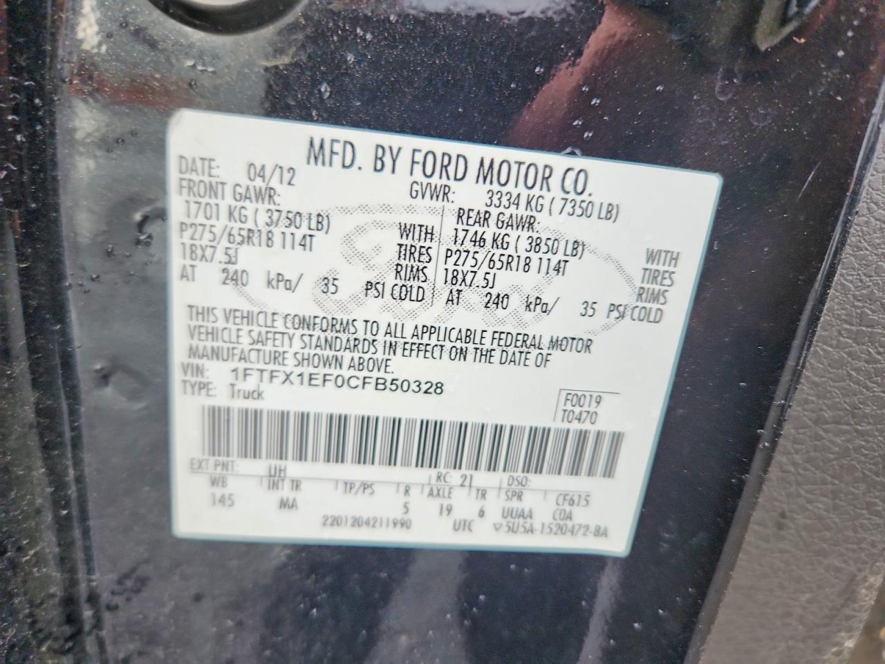 2012 Ford F150 Super Cab Black vin: 1FTFX1EF0CFB50328