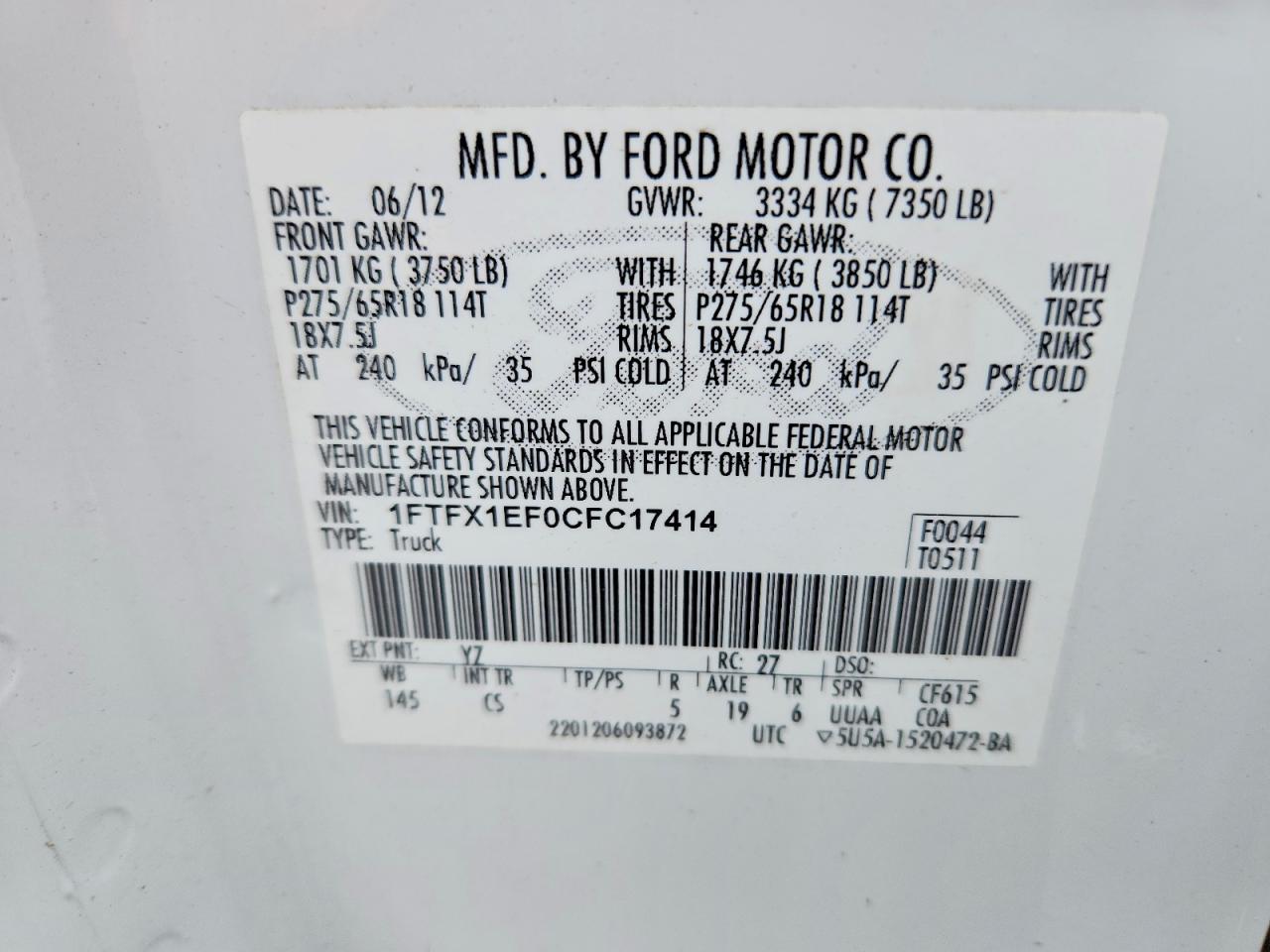 2012 Ford F150 Super Cab White vin: 1FTFX1EF0CFC17414
