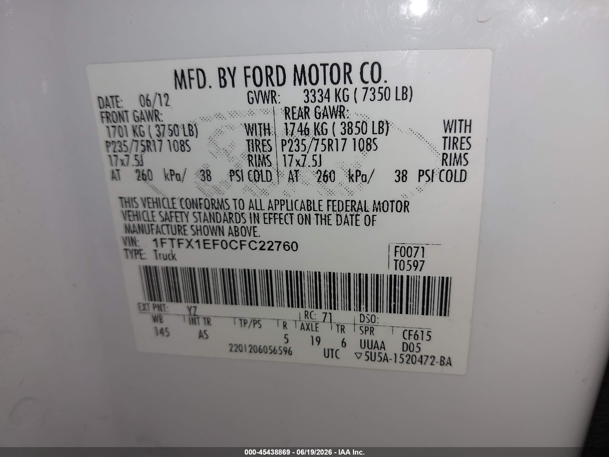 2012 Ford F-150 Xl White vin: 1FTFX1EF0CFC22760