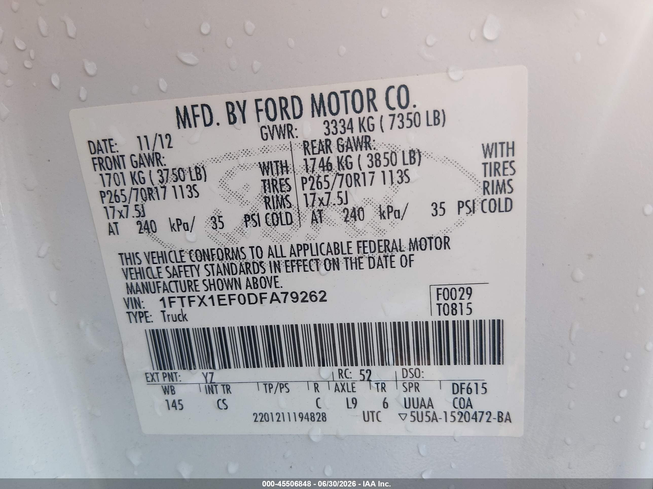 2013 Ford F-150 Fx4/lariat/stx/xl/xlt White vin: 1FTFX1EF0DFA79262