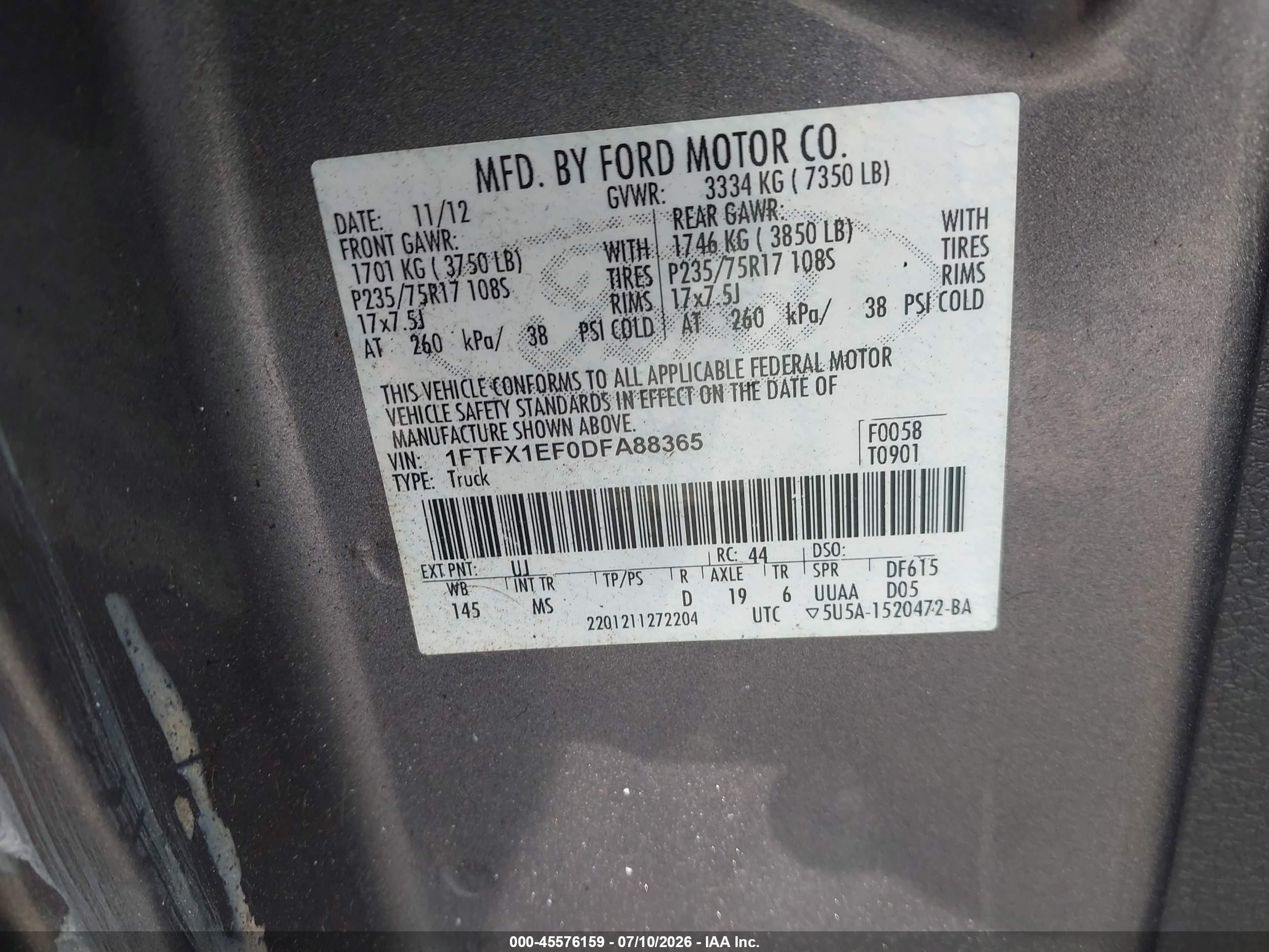 2013 Ford F-150 Fx4/lariat/stx/xl/xlt Gray vin: 1FTFX1EF0DFA88365