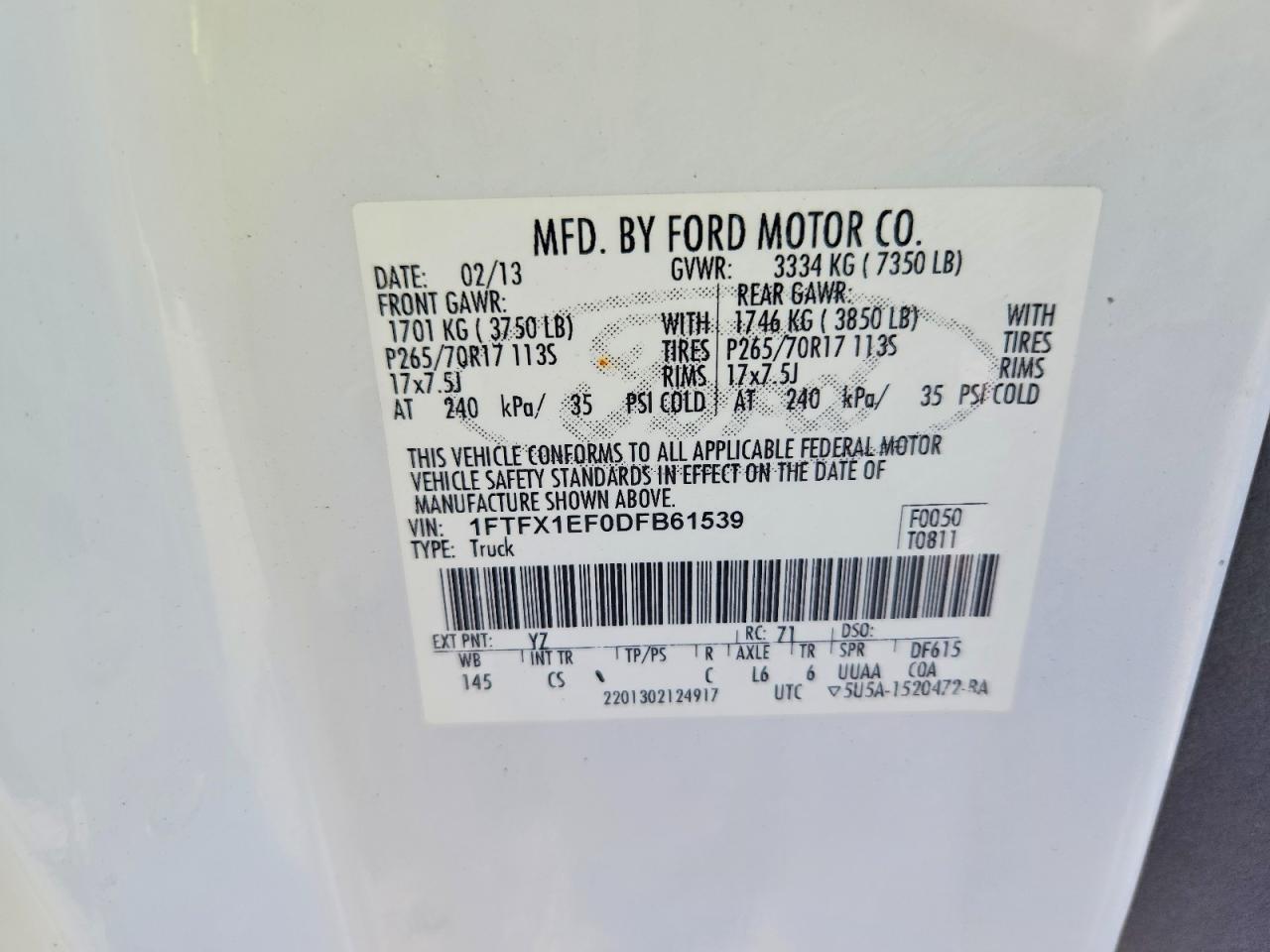 2013 Ford F150 Super Cab White vin: 1FTFX1EF0DFB61539