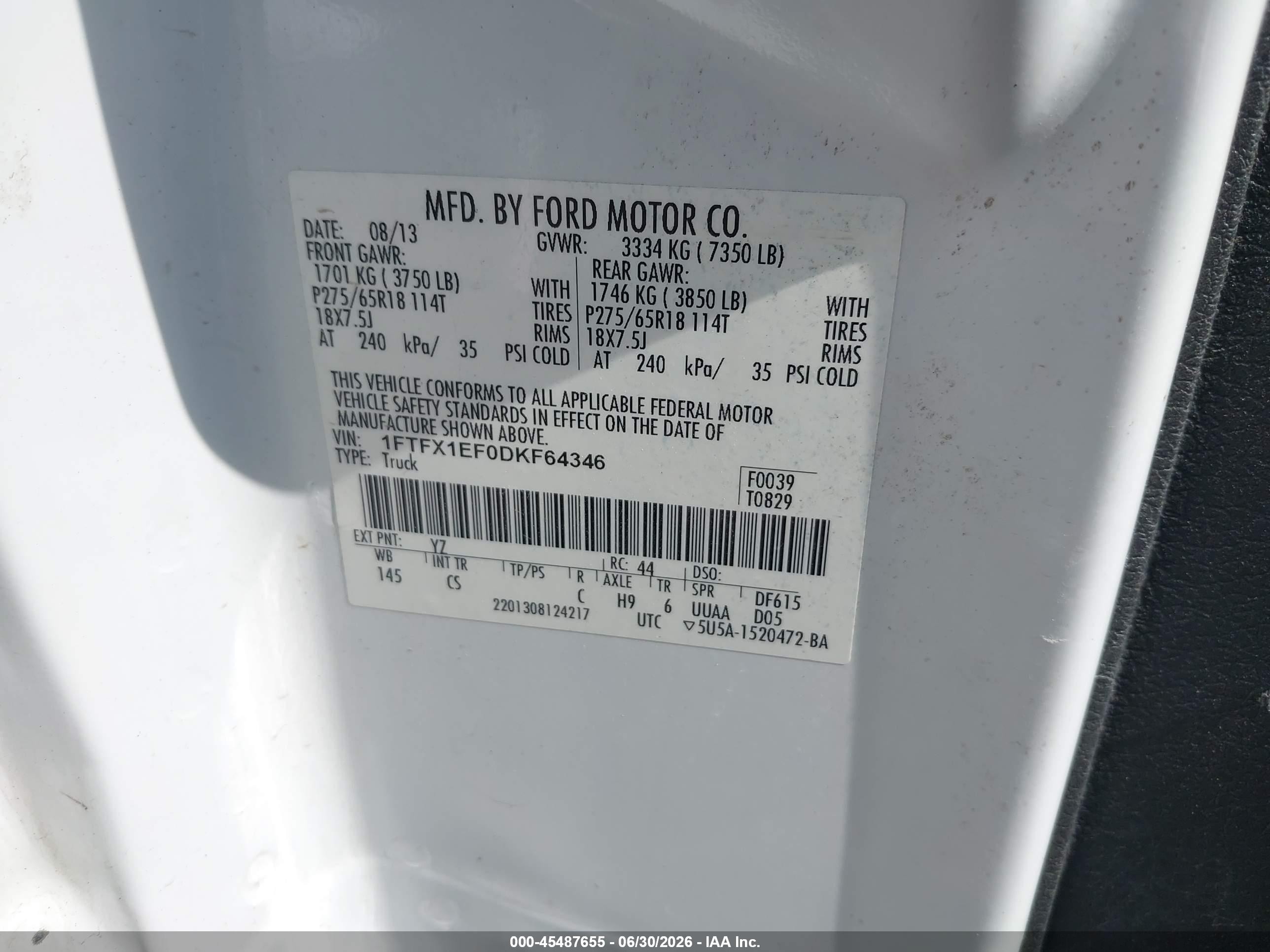 2013 Ford F-150 Fx4/lariat/stx/xl/xlt White vin: 1FTFX1EF0DKF64346