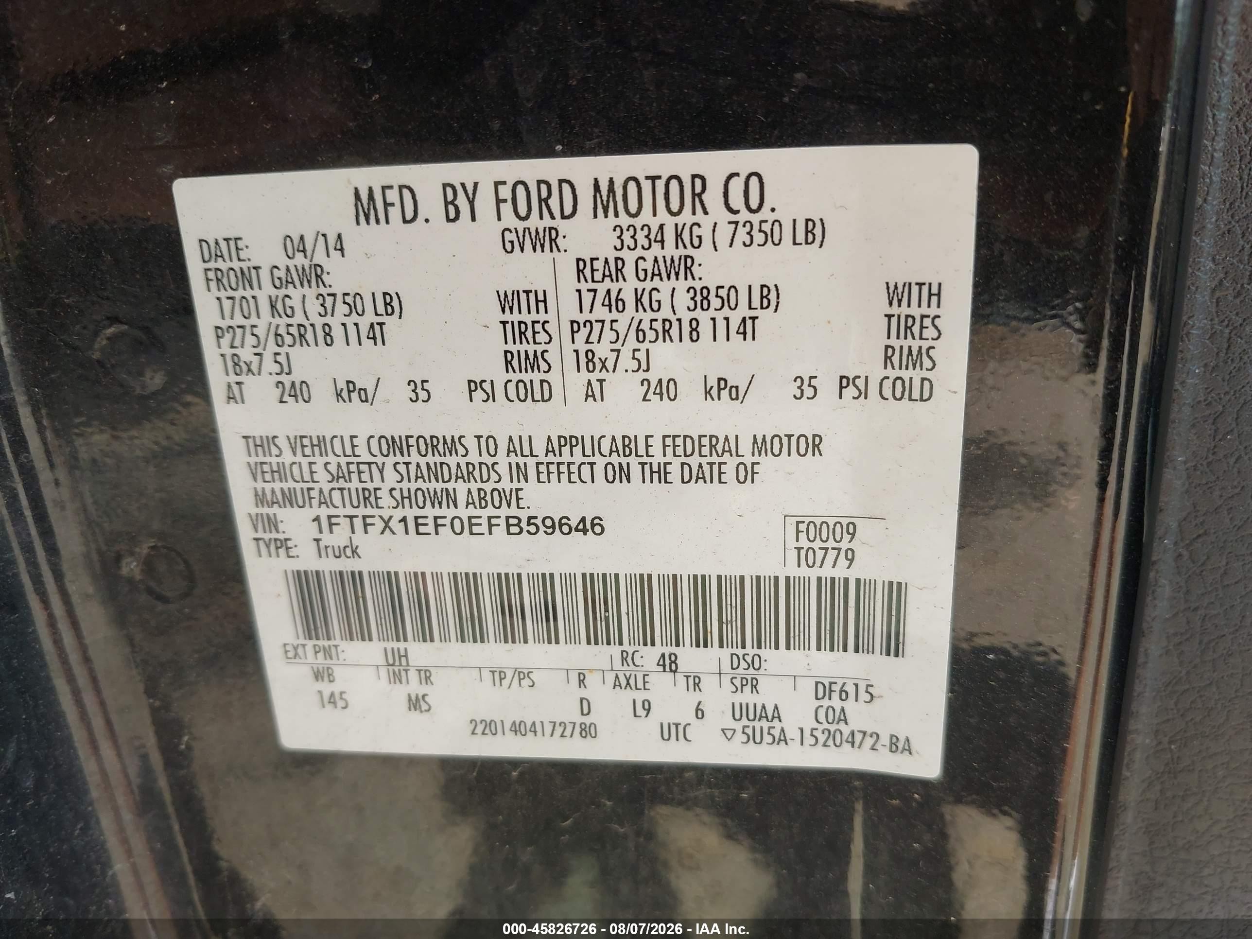 2014 Ford F-150 Xlt Black vin: 1FTFX1EF0EFB59646