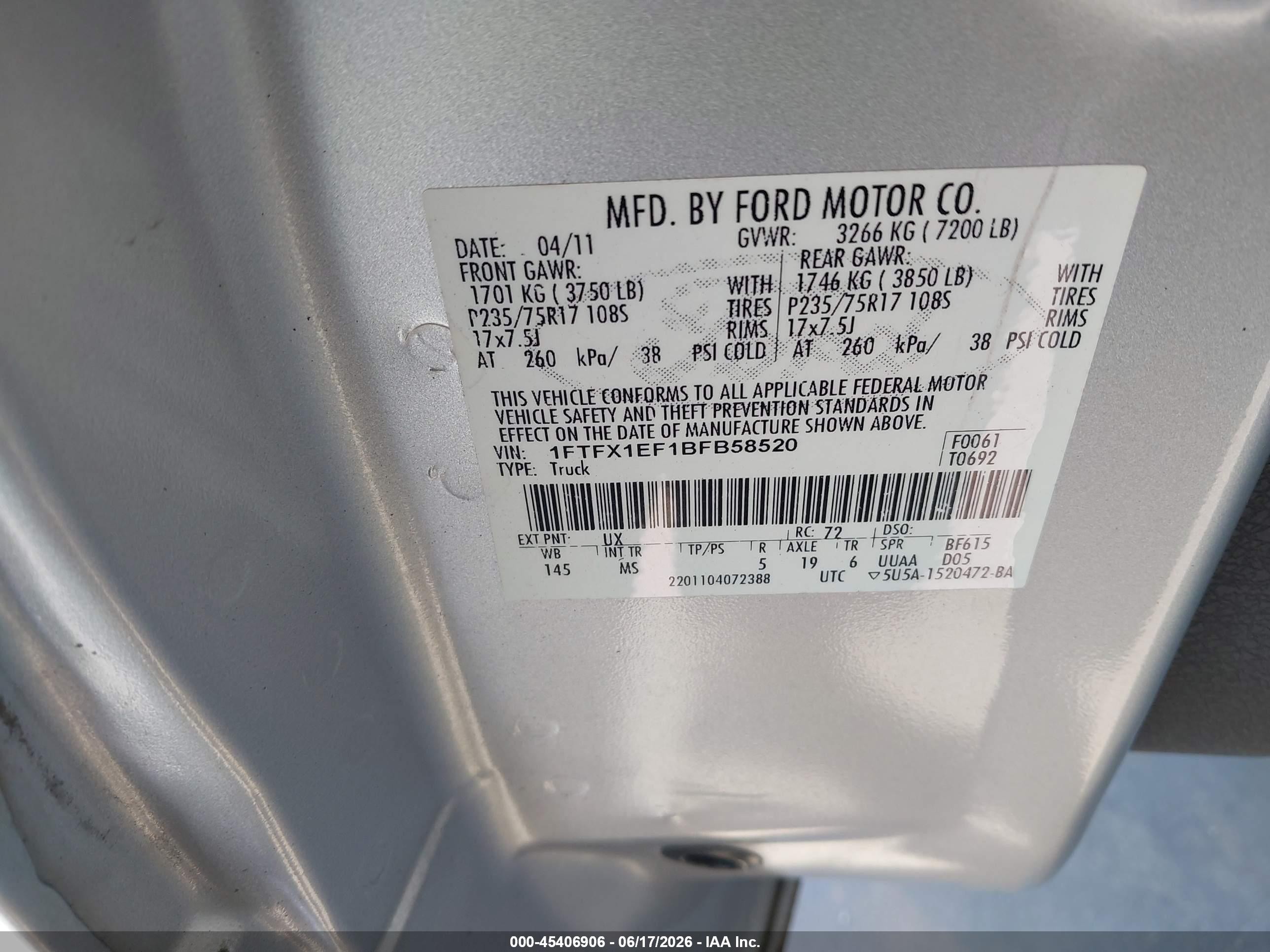 2011 Ford F-150 Fx4/lariat/stx/xl/xlt Серебряный vin: 1FTFX1EF1BFB58520