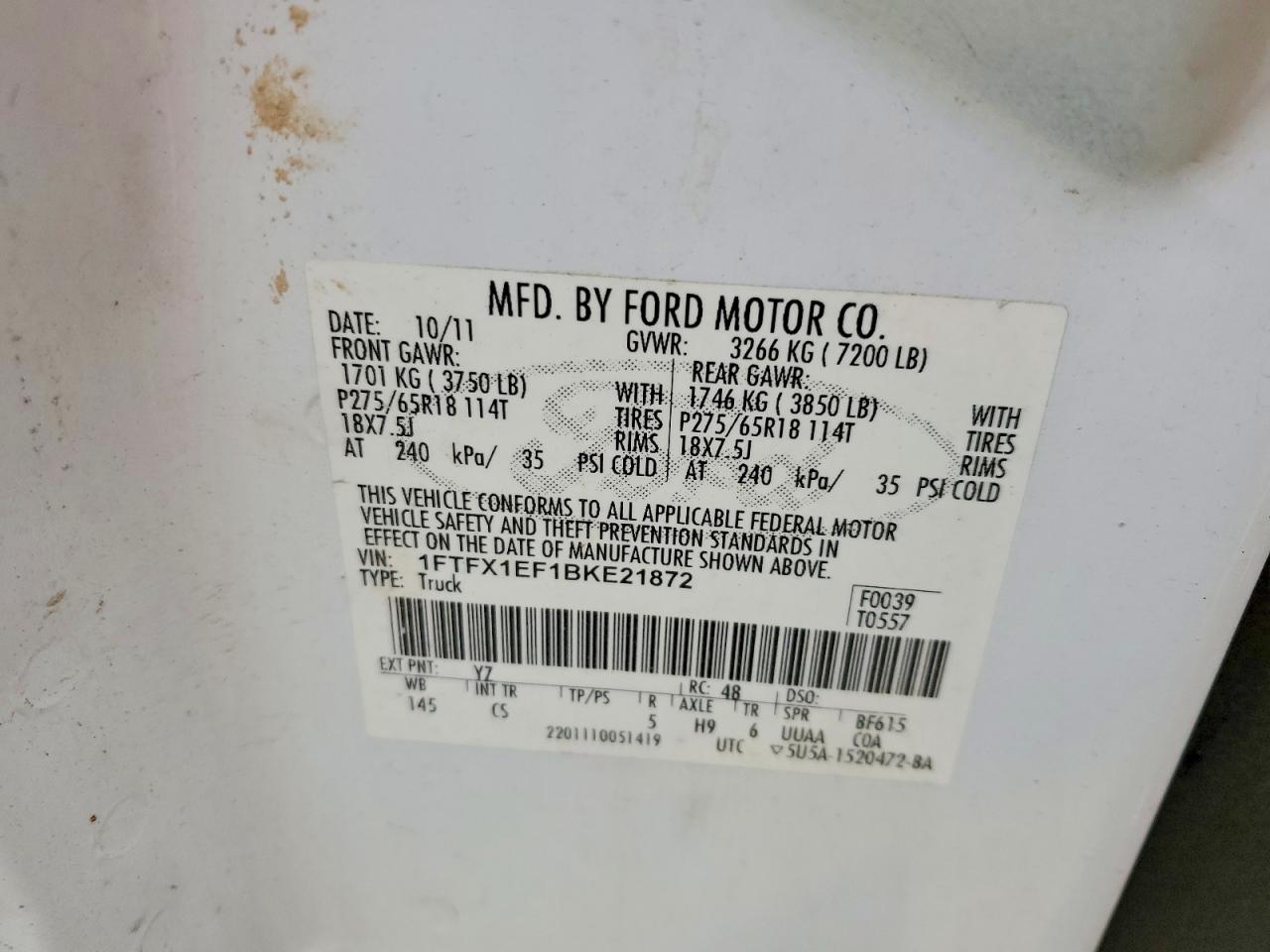 2011 Ford F150 Super Cab White vin: 1FTFX1EF1BKE21872