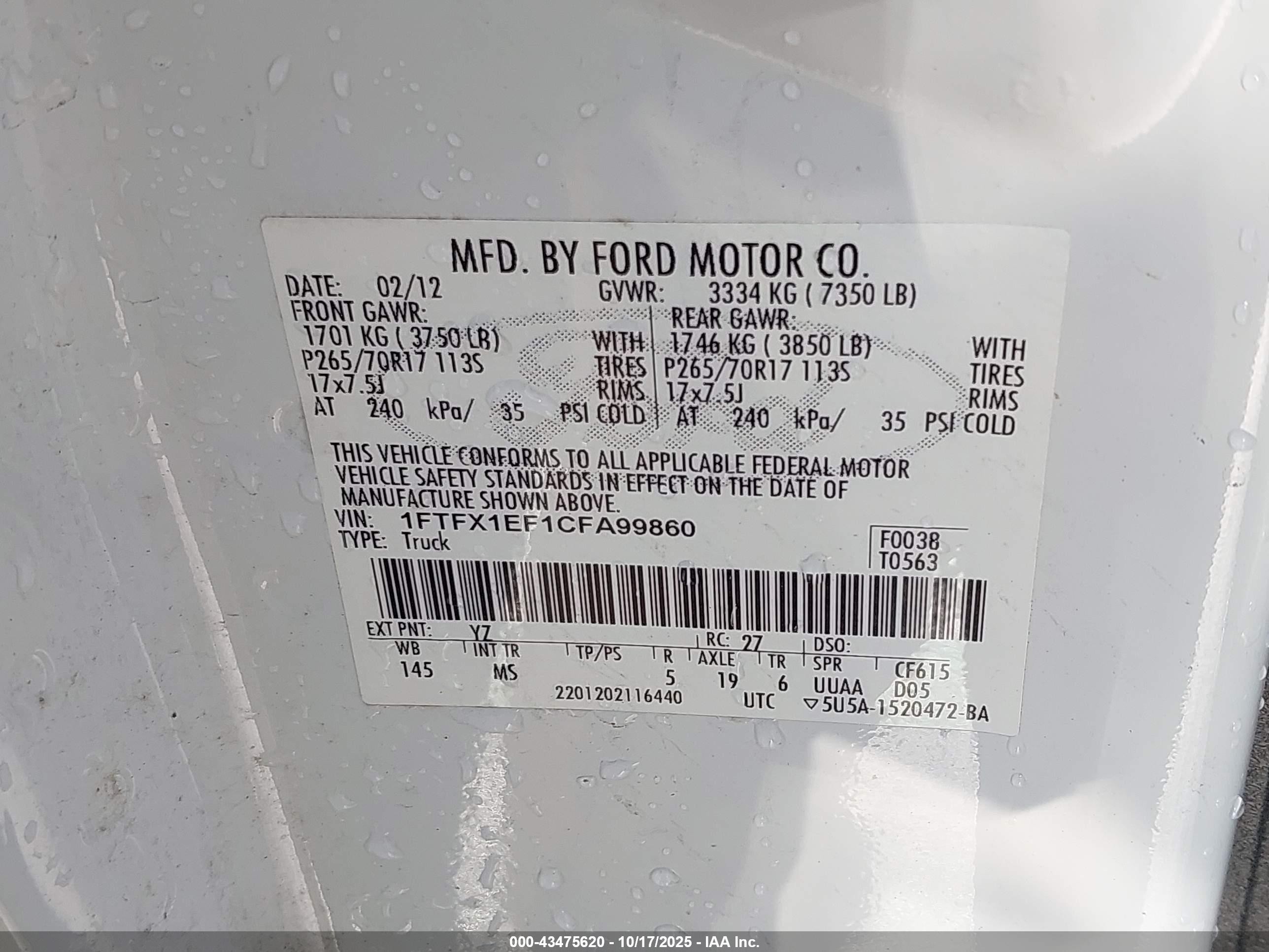 2012 Ford F-150 Xlt White vin: 1FTFX1EF1CFA99860