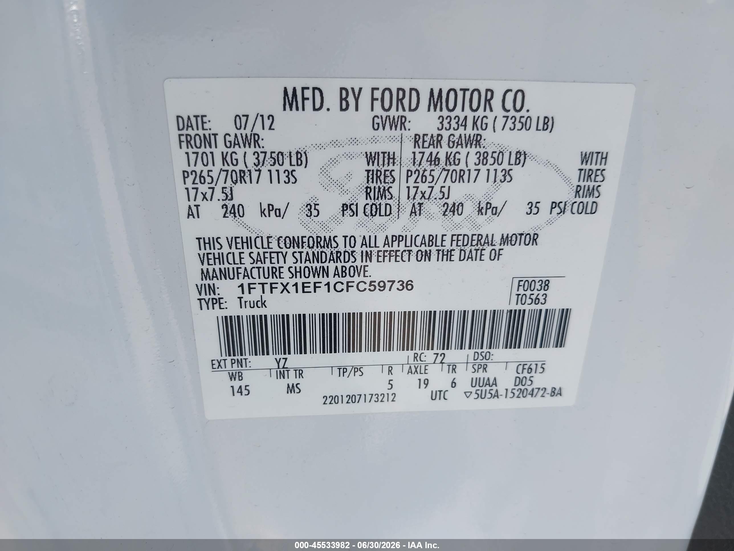 2012 Ford F-150 Fx4/lariat/stx/xl/xlt White vin: 1FTFX1EF1CFC59736