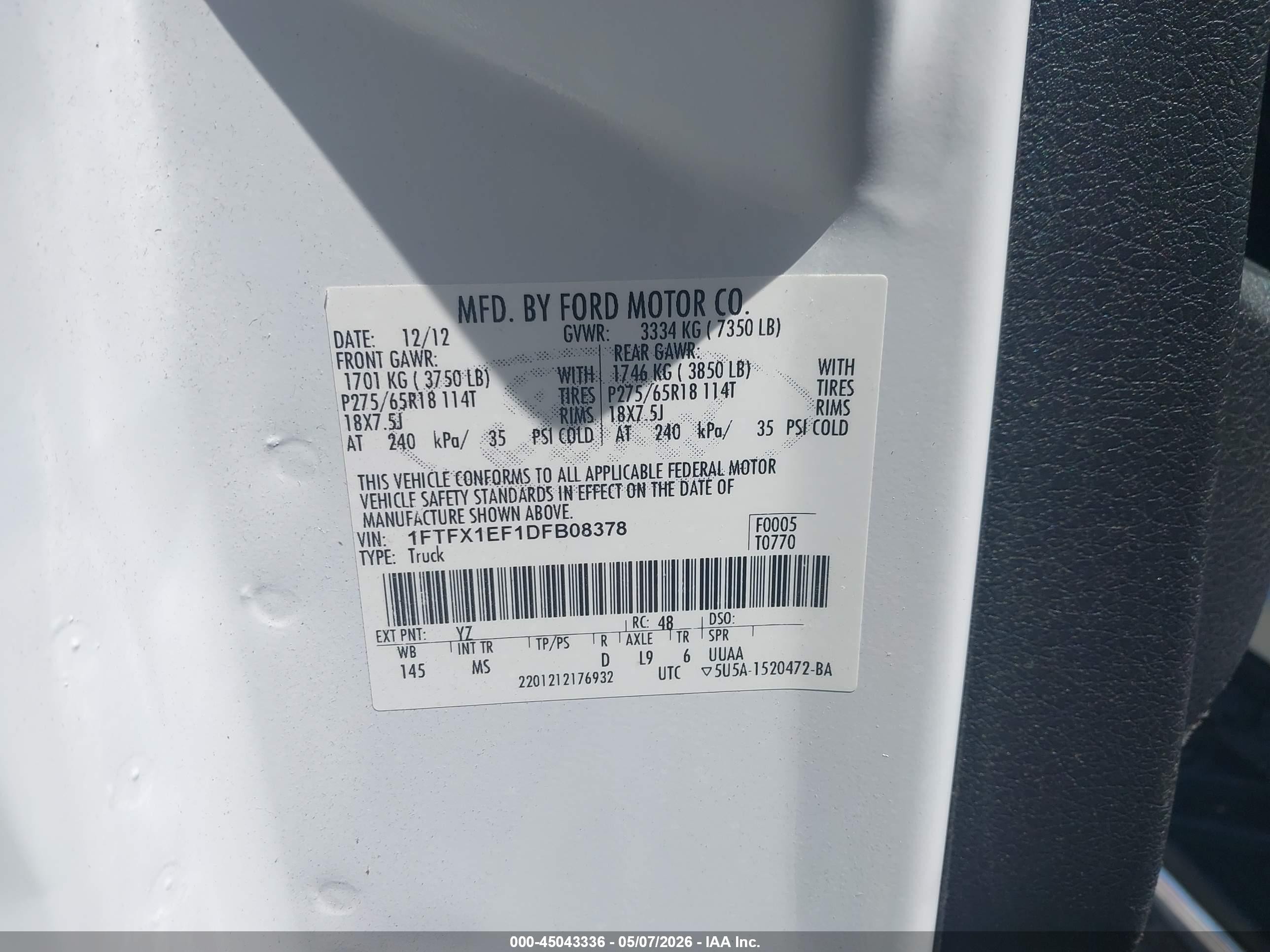 2013 Ford F-150 Xlt White vin: 1FTFX1EF1DFB08378