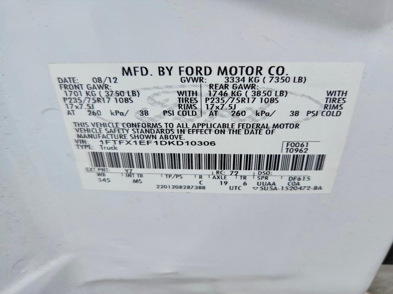 2013 Ford F150 Super Cab White vin: 1FTFX1EF1DKD10306