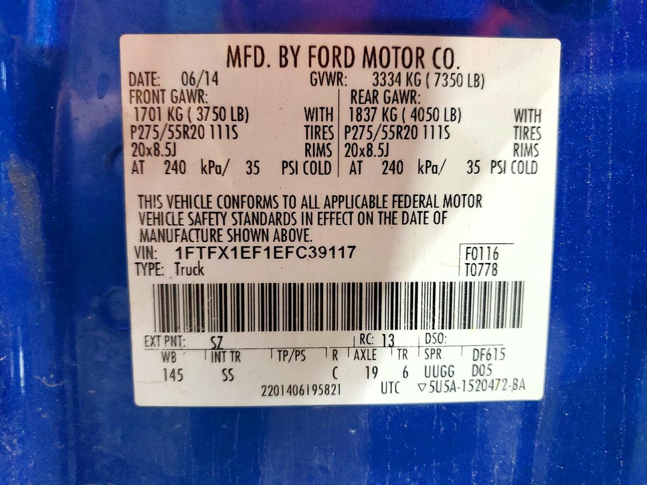 2014 Ford F150 Super Cab Blue vin: 1FTFX1EF1EFC39117
